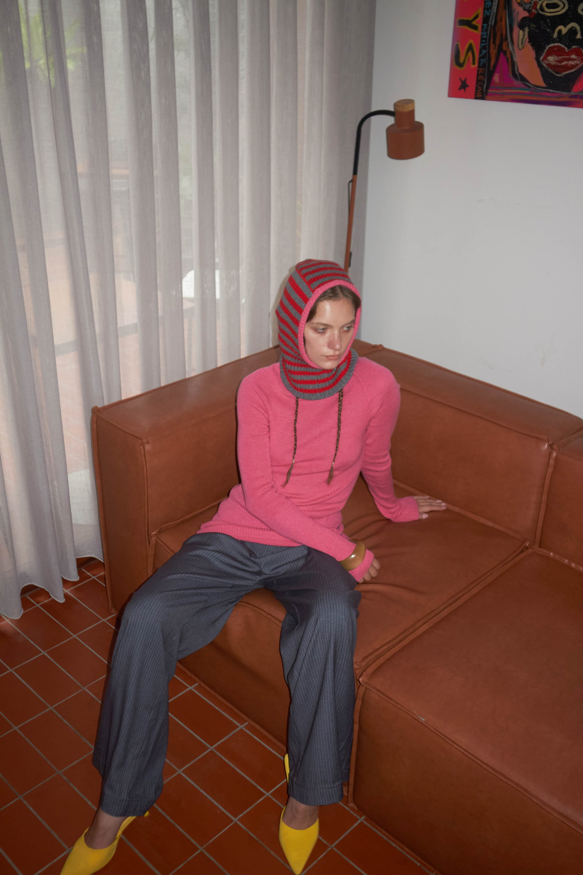 Arthur Apparel chunky wool blend knitted hood in red and grey stripes with contrast bright pink rib around the face