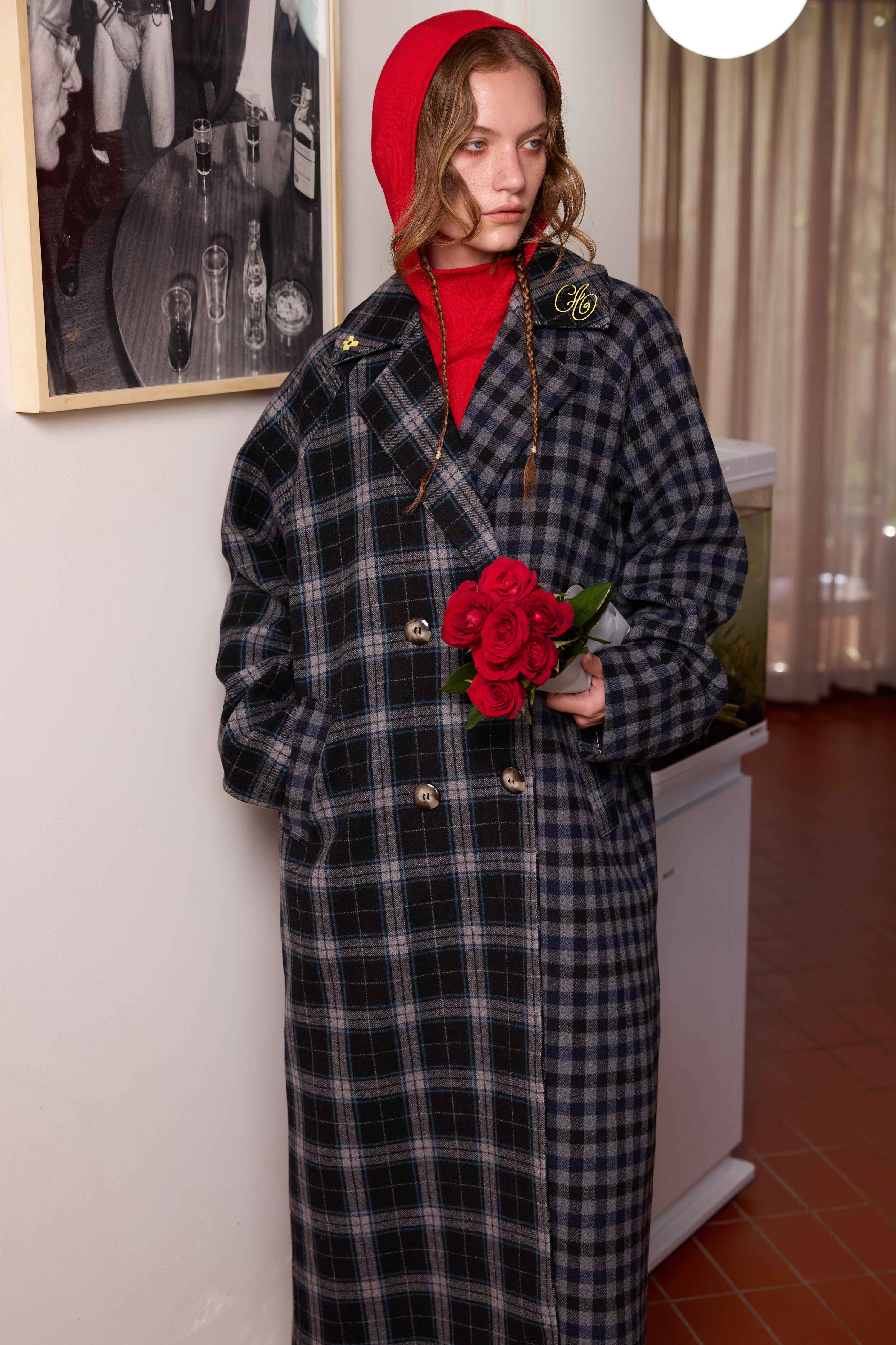 Arthur Apparel oversized double breasted coat in black and grey tones with embroidered collar