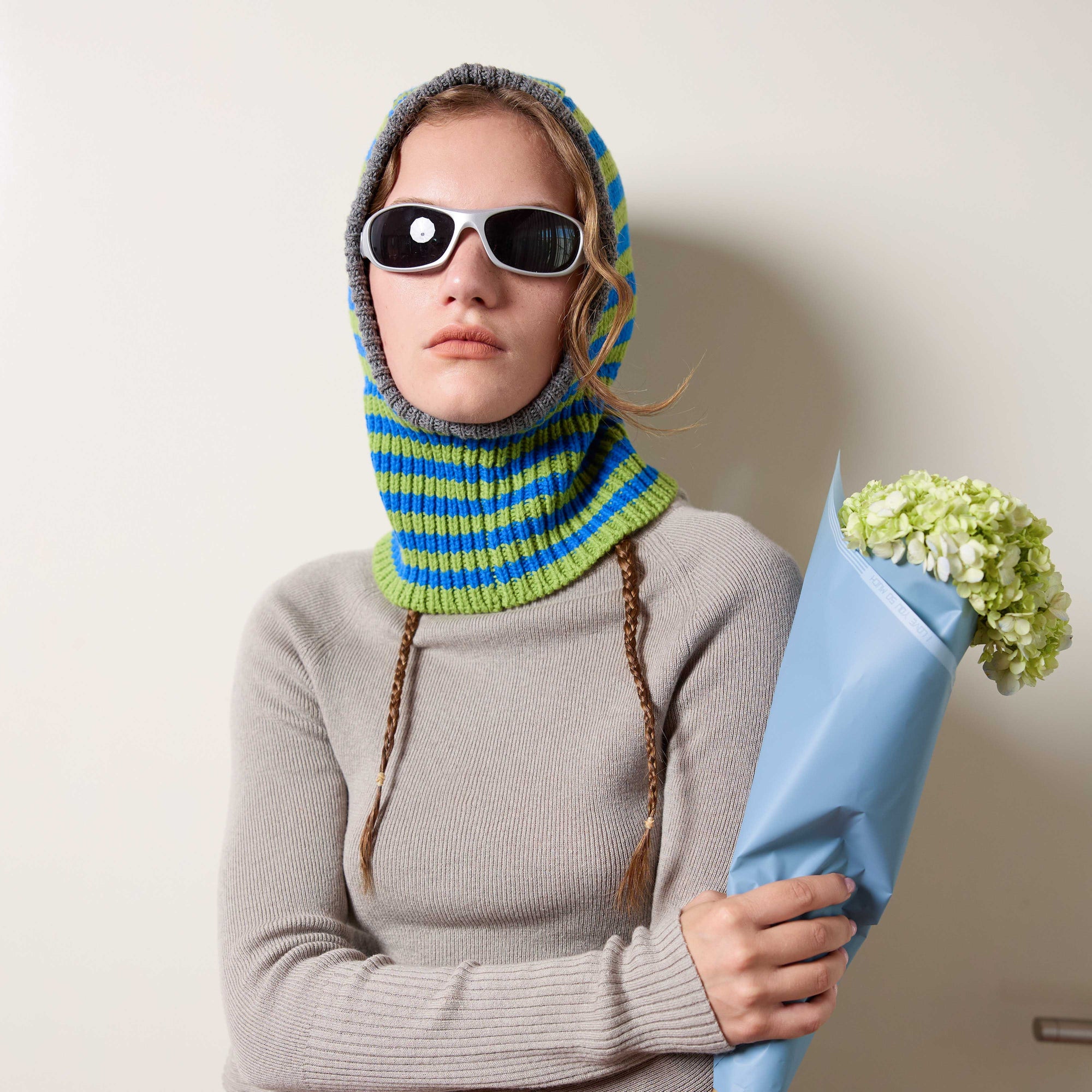 Arthur Apparel chunky wool blend knitted hood in blue and green stripes with contrast grey rib around the face