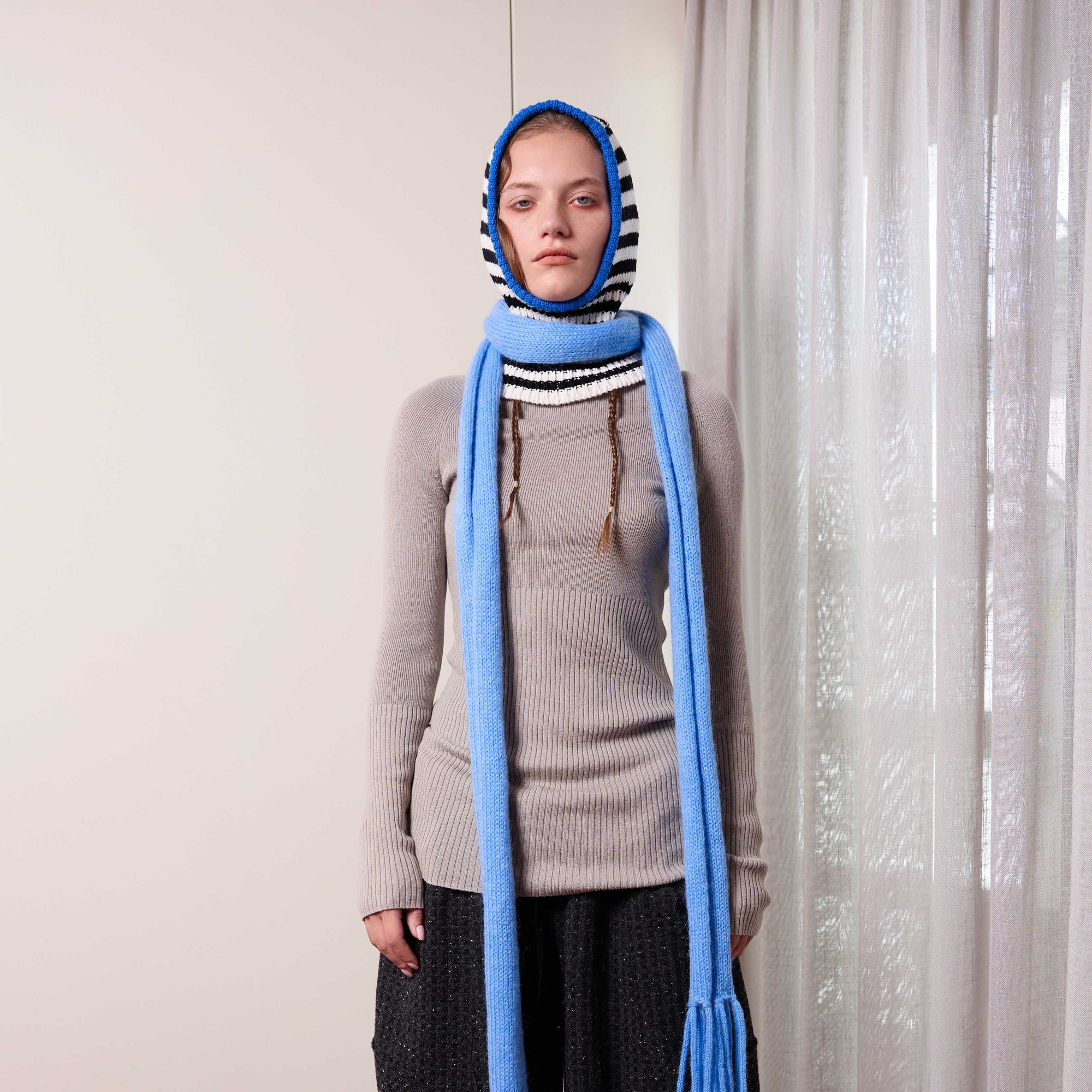 Arthur Apparel chunky wool blend knitted hood in black and white stripes with contrast royal blue rib around the face