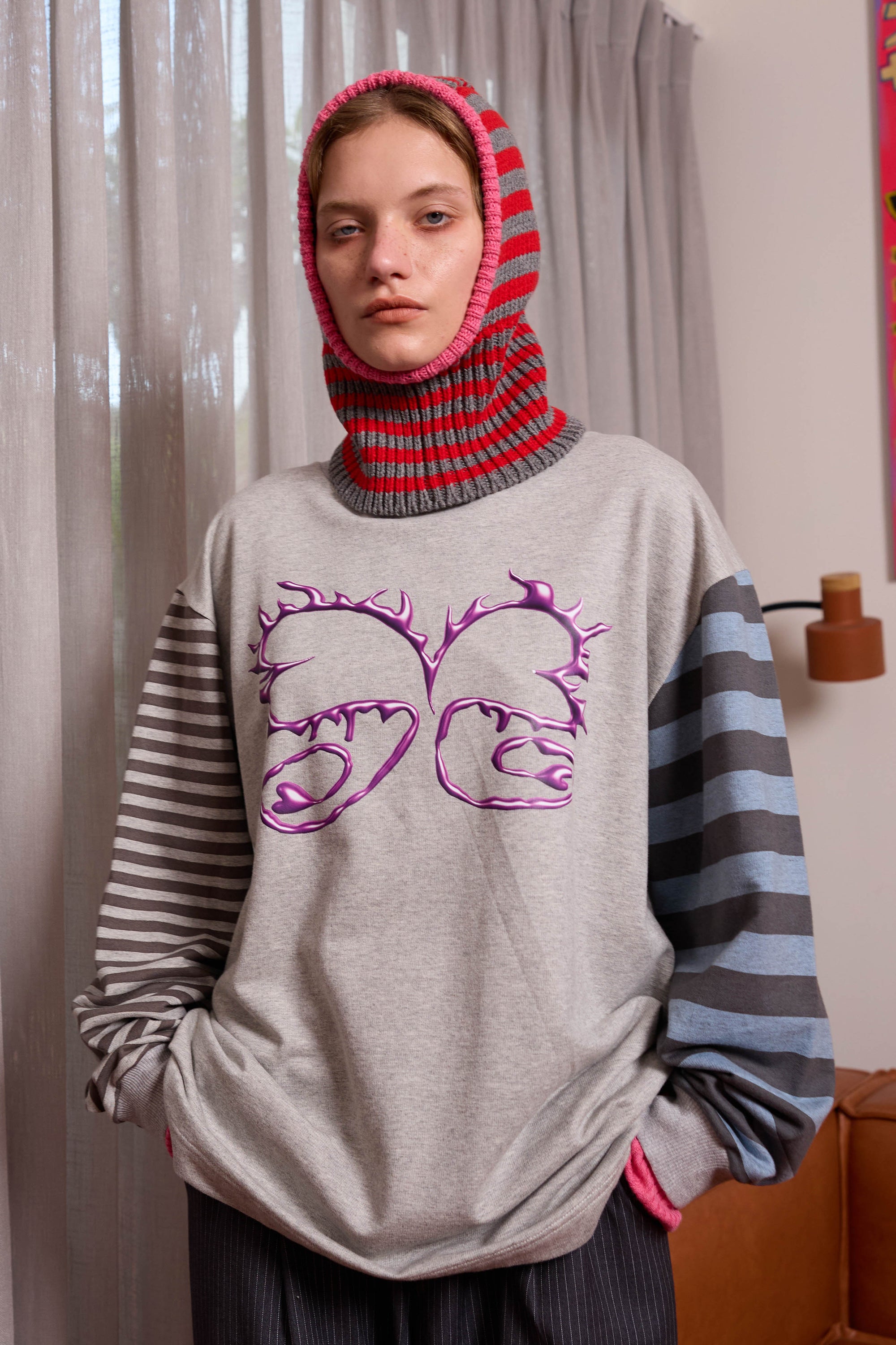 Arthur Apparel chunky wool blend knitted hood in red and grey stripes with contrast bright pink rib around the face