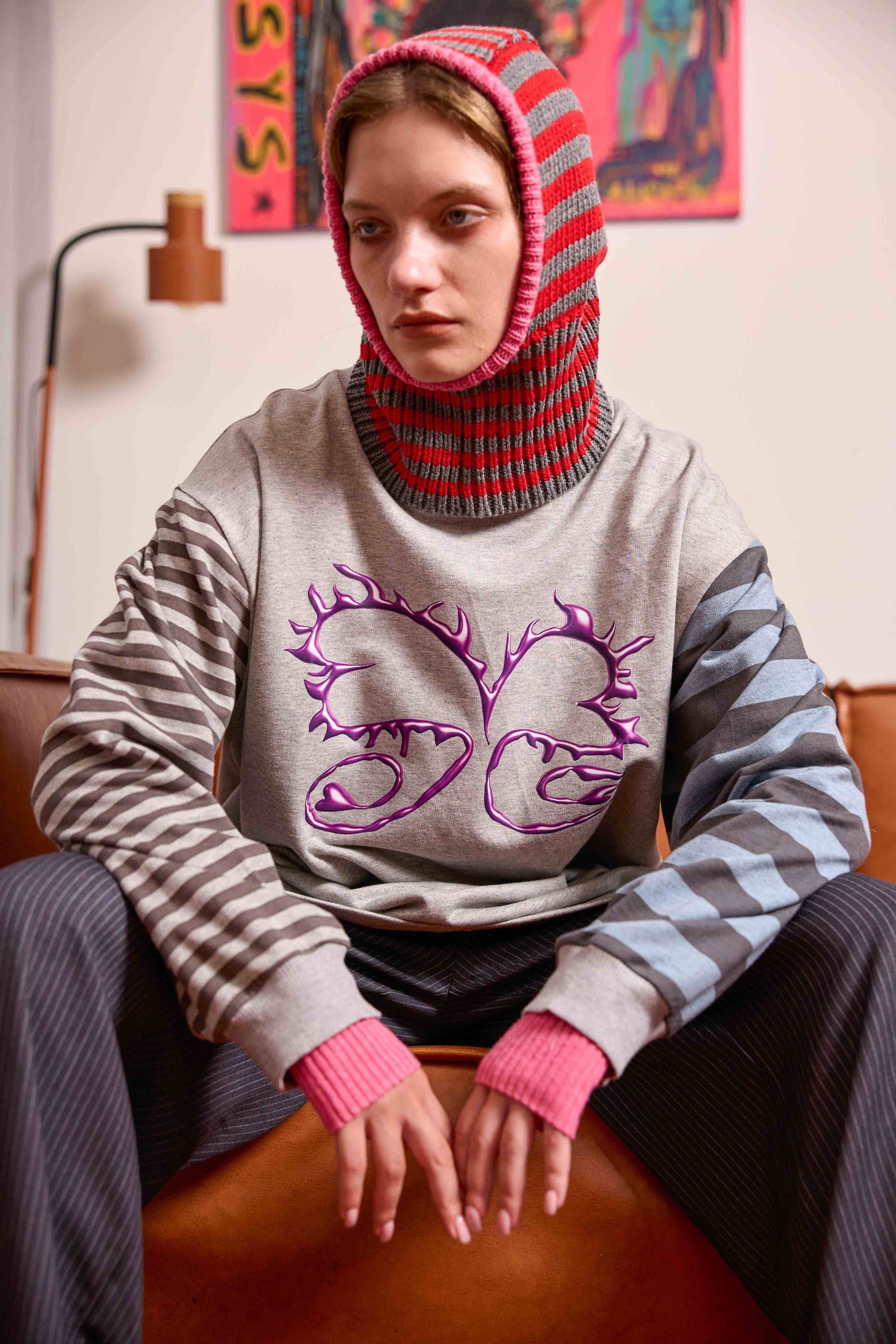 Arthur Apparel chunky wool blend knitted hood in red and grey stripes with contrast bright pink rib around the face