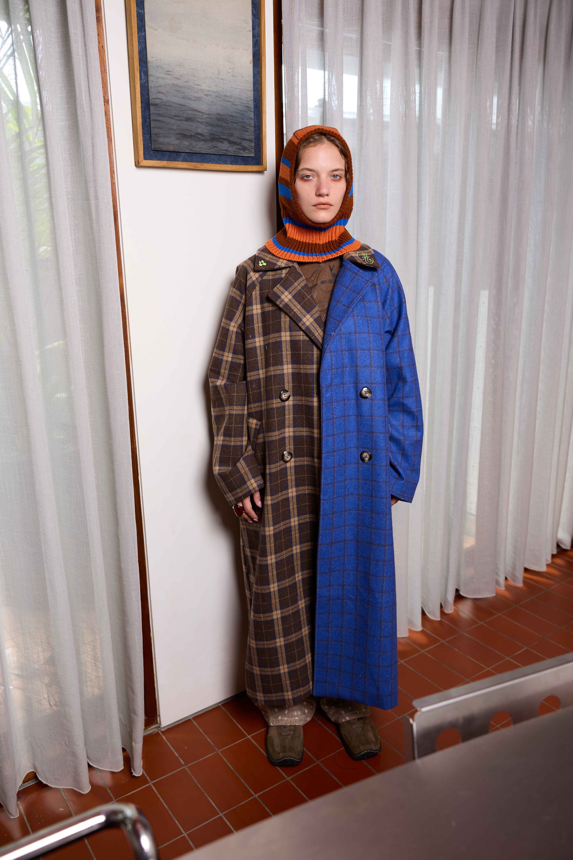 Arthur Apparel oversized double breasted coat in blue and brown plaid wool blend fabric