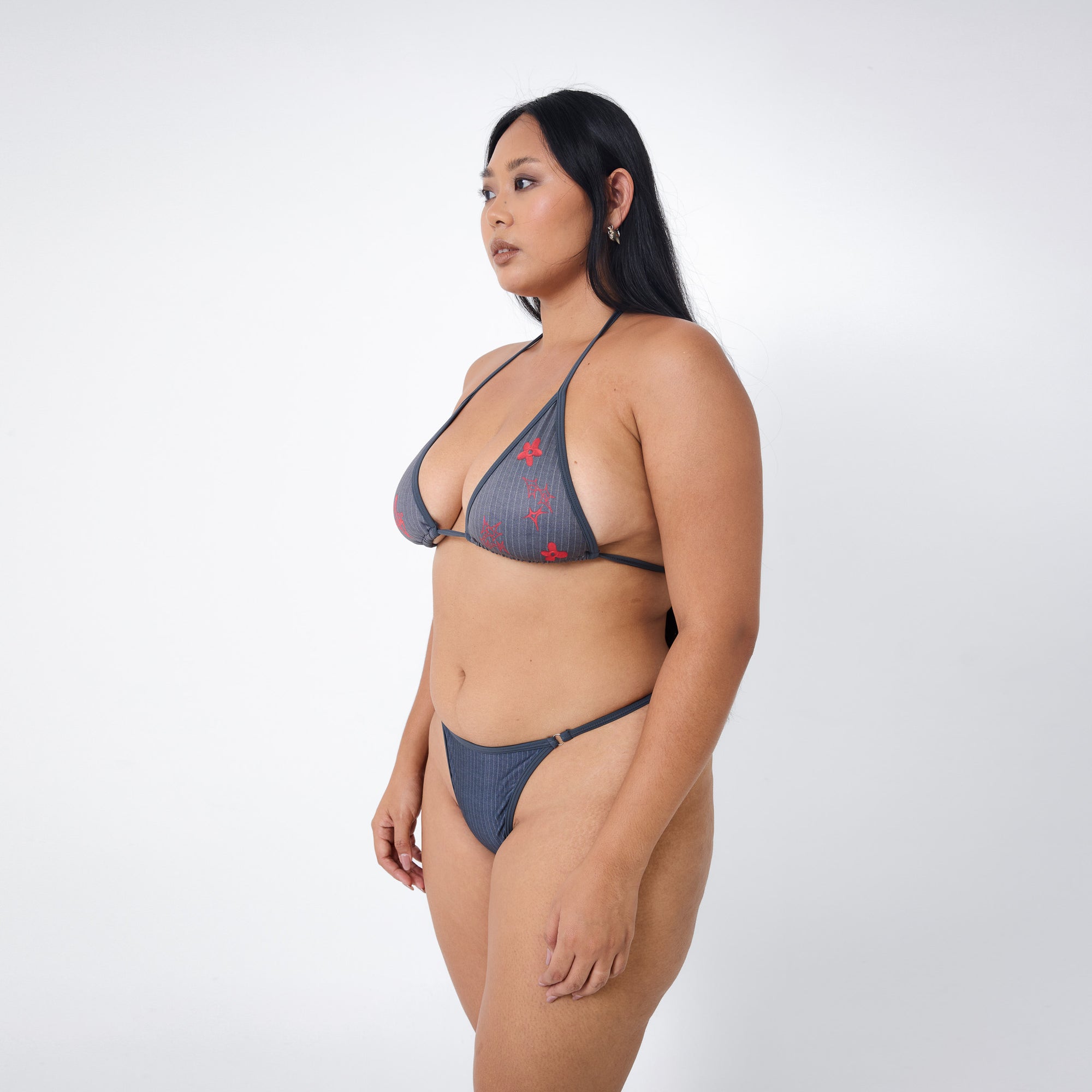 Arthur Apparel micro bikini top with halter ties in grey and red print