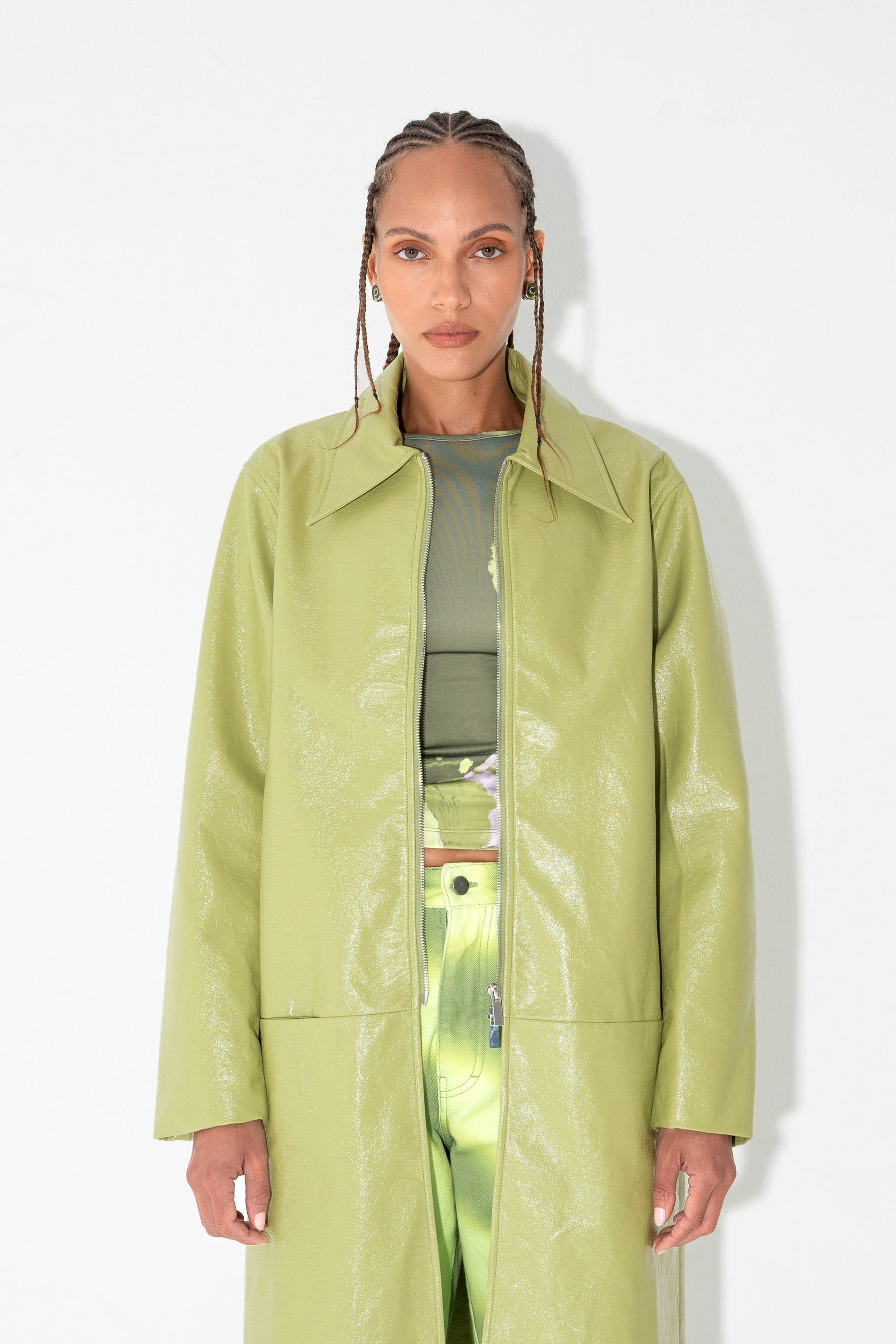 Arthur Apparel Oversized Green Patent Leather Coat