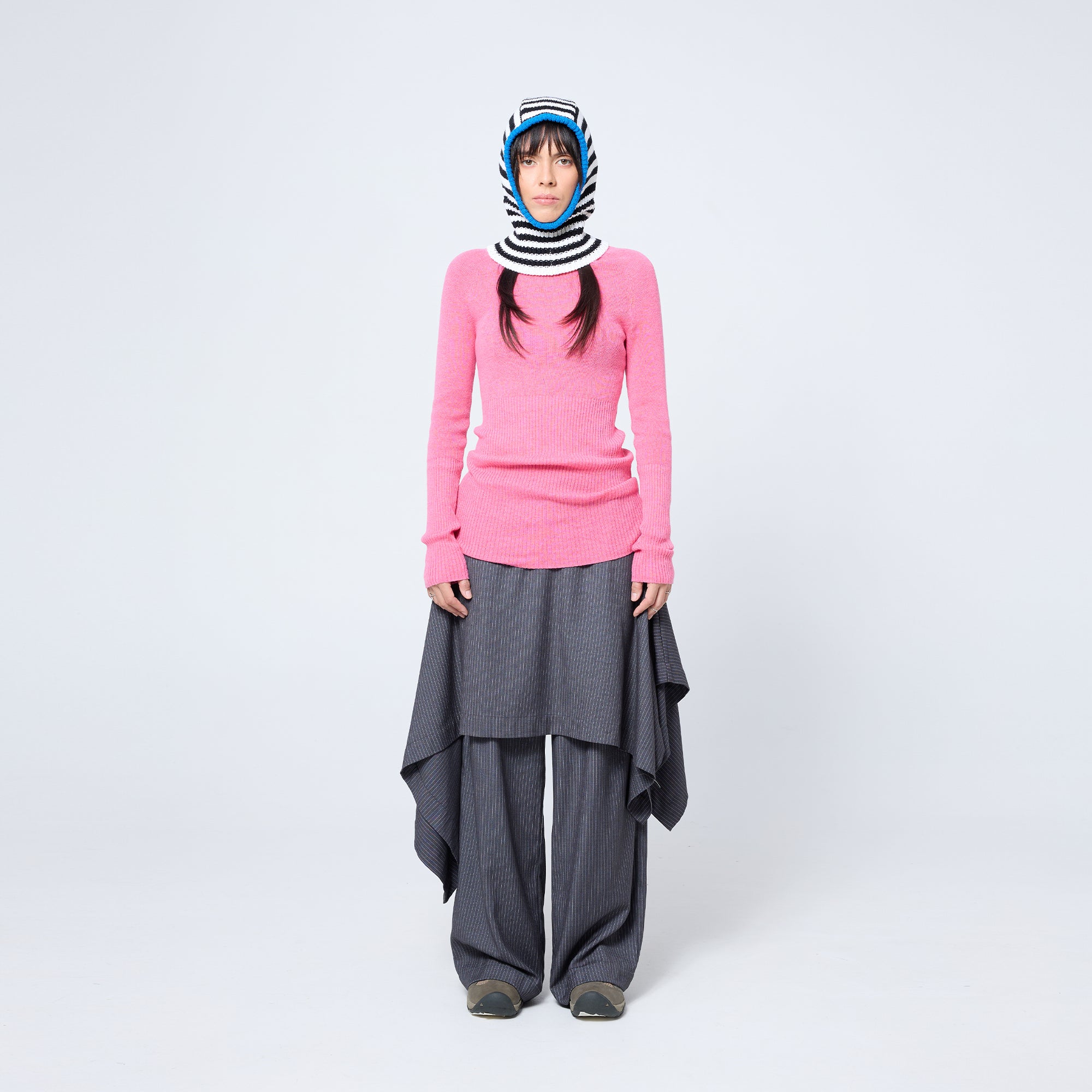 Arthur Apparel chunky wool blend knitted hood in black and white stripes with contrast royal blue rib around the face