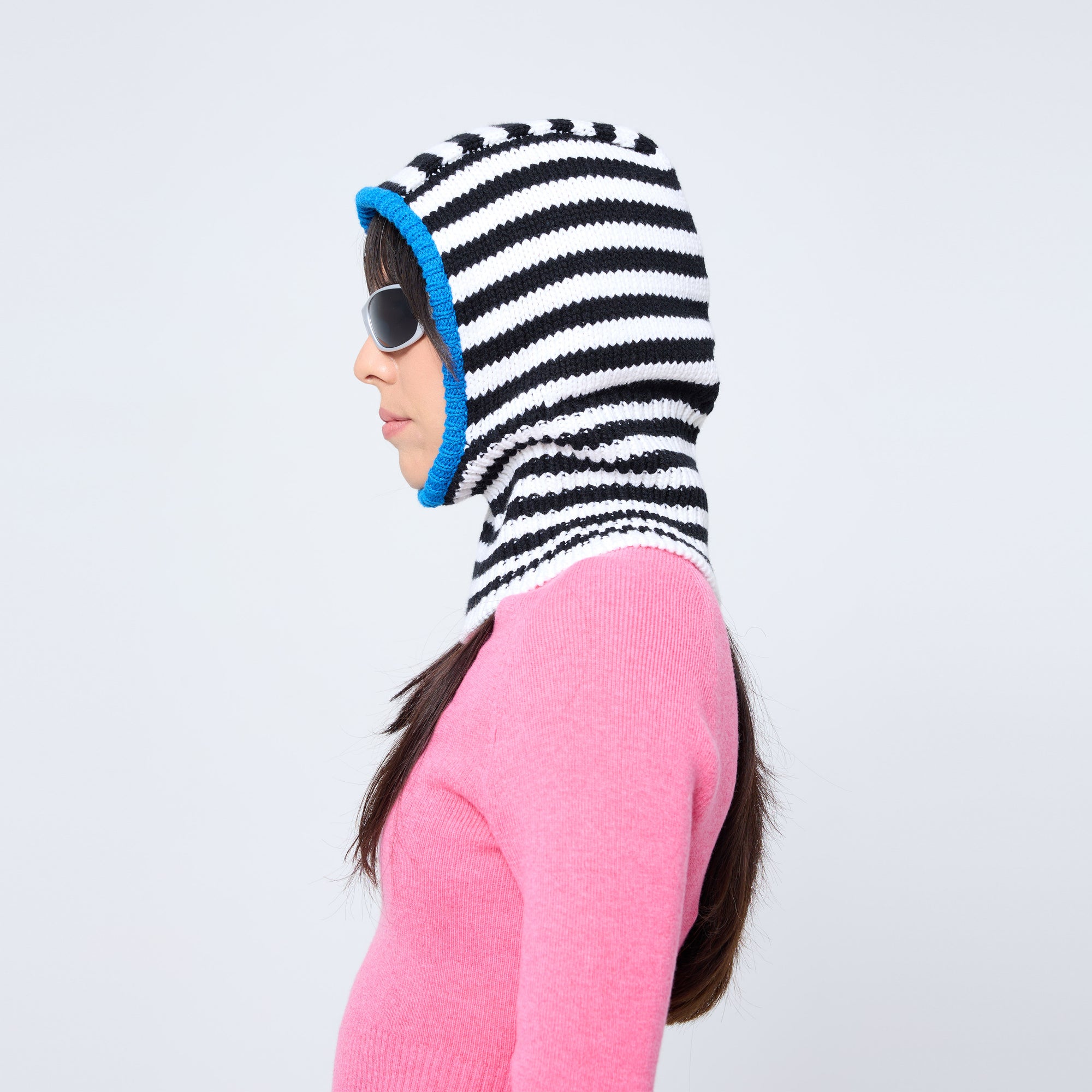 Arthur Apparel chunky wool blend knitted hood in black and white stripes with contrast royal blue rib around the face