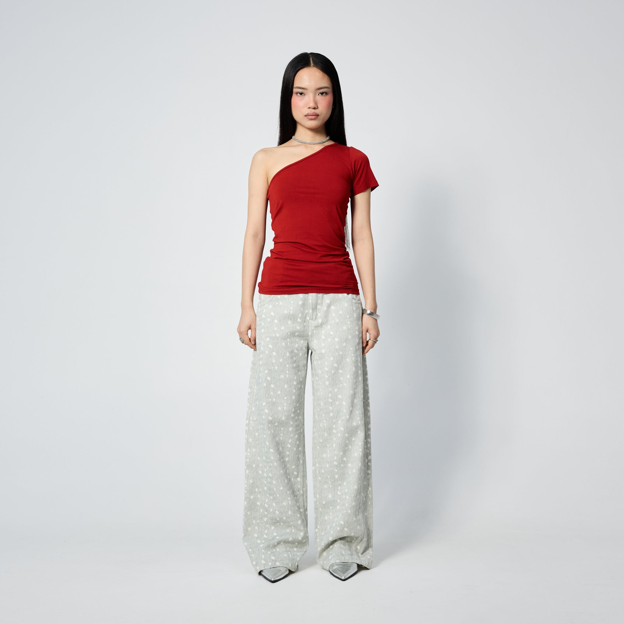 Arthur Apparel light green straight leg jeans with white spots