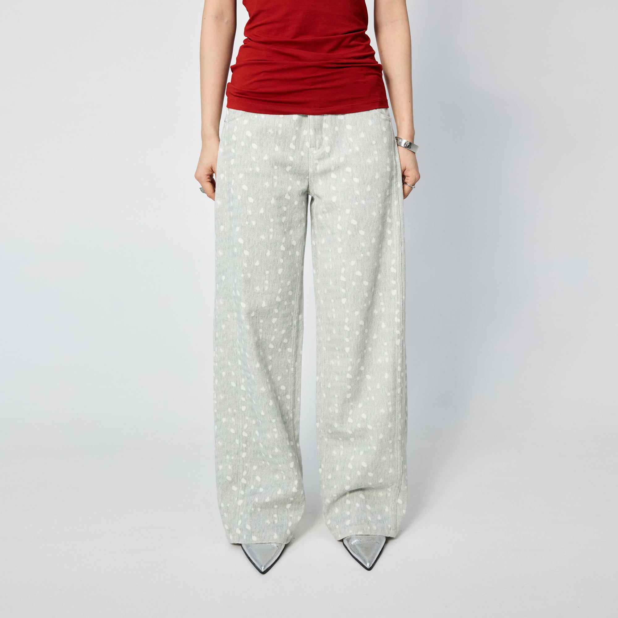 Arthur Apparel light green straight leg jeans with white spots