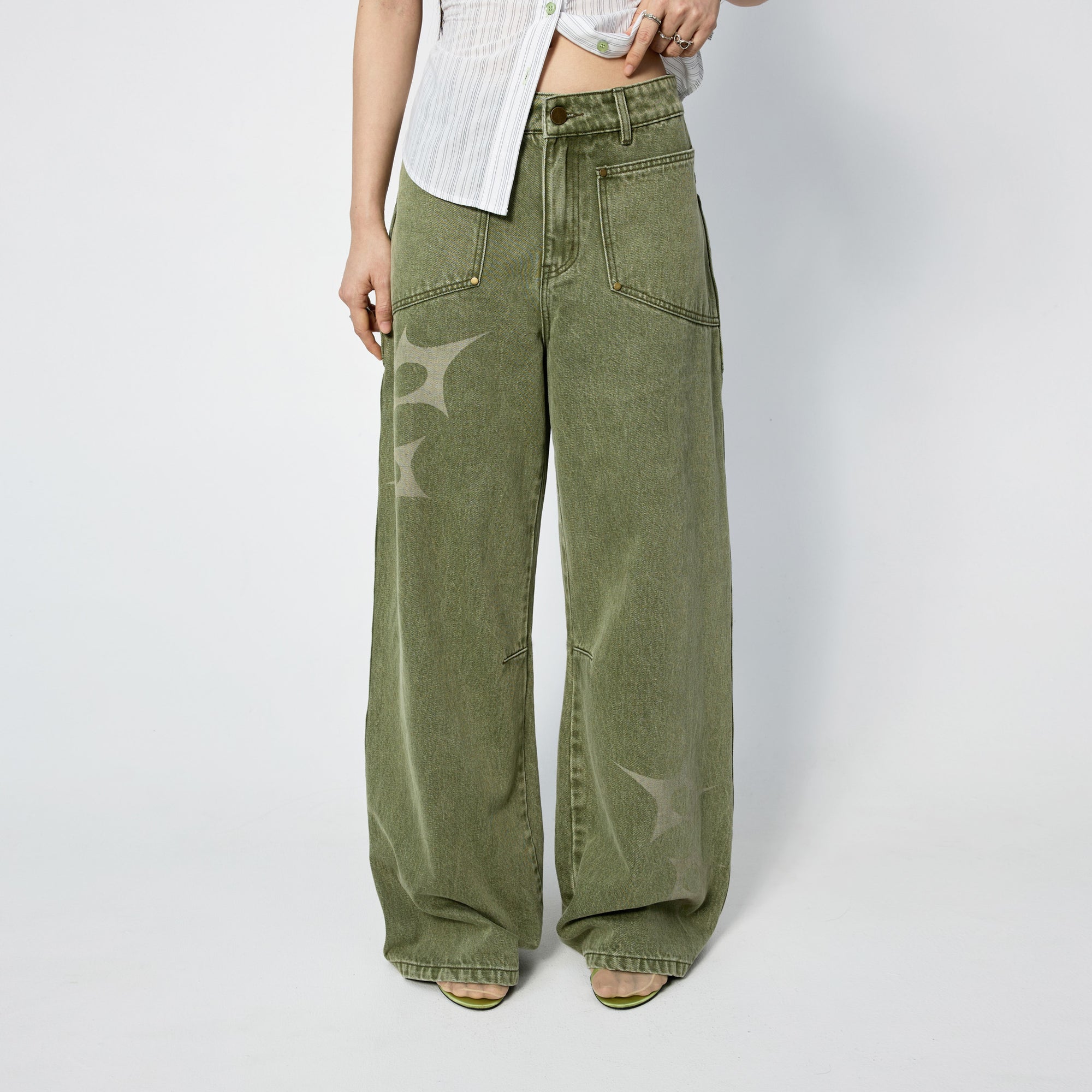 Arthur Apparel green straight leg jeans with stars print