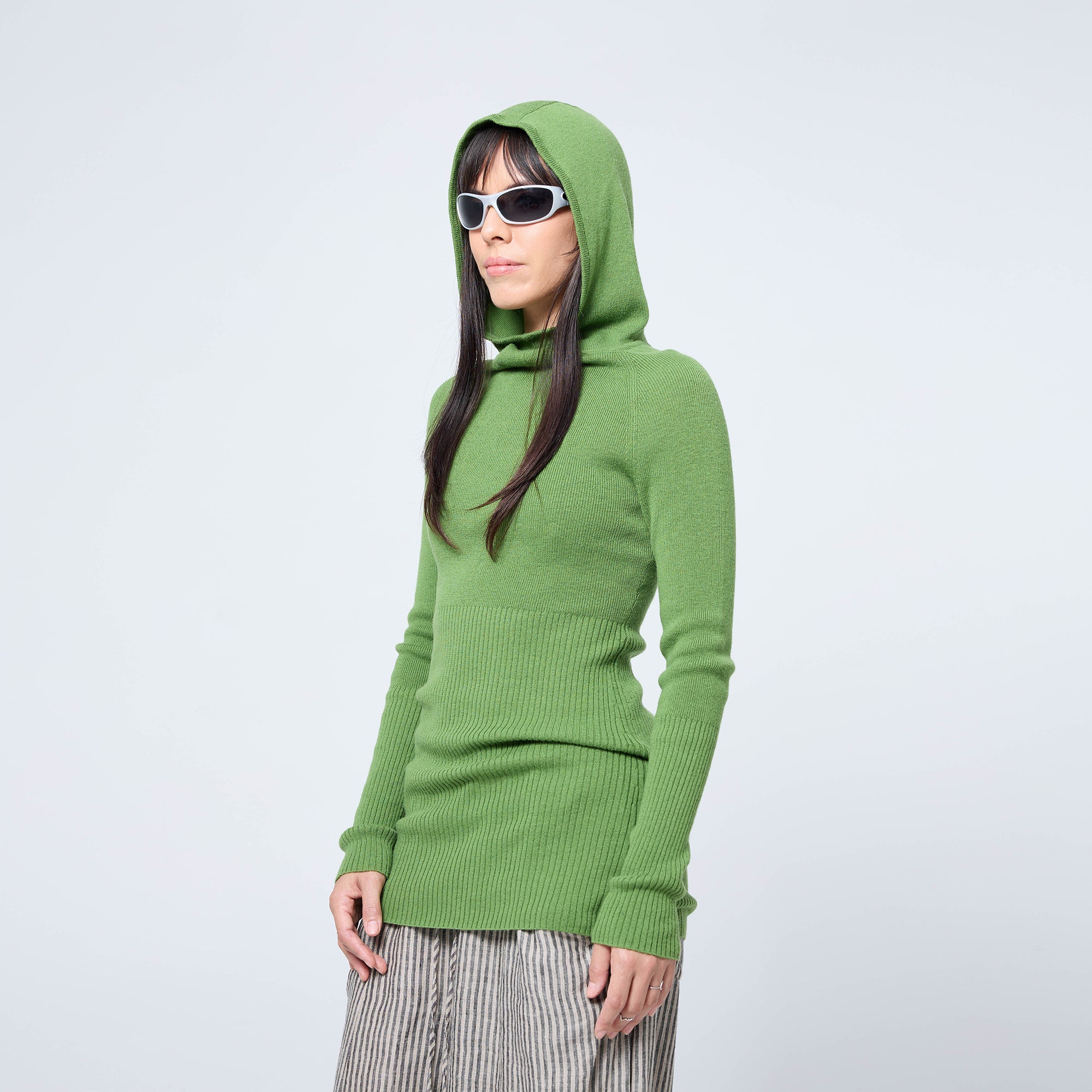 Arthur Apparel green knitted long sleeve skivvy with built-in hood