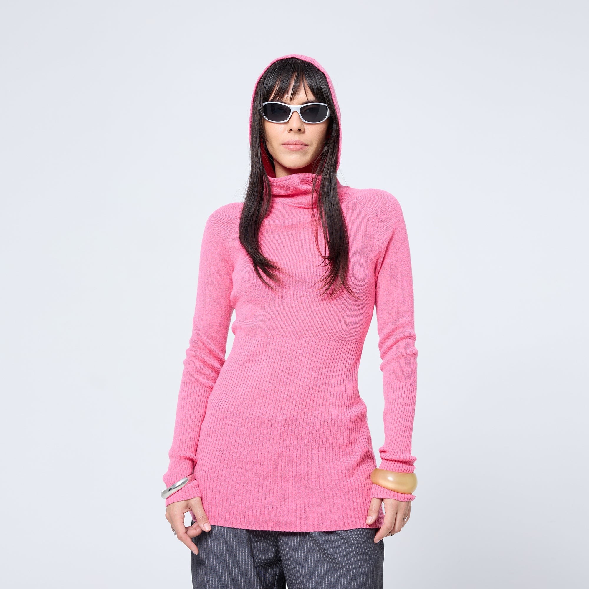 Arthur Apparel bright pink knitted long sleeve skivvy with built-in hood