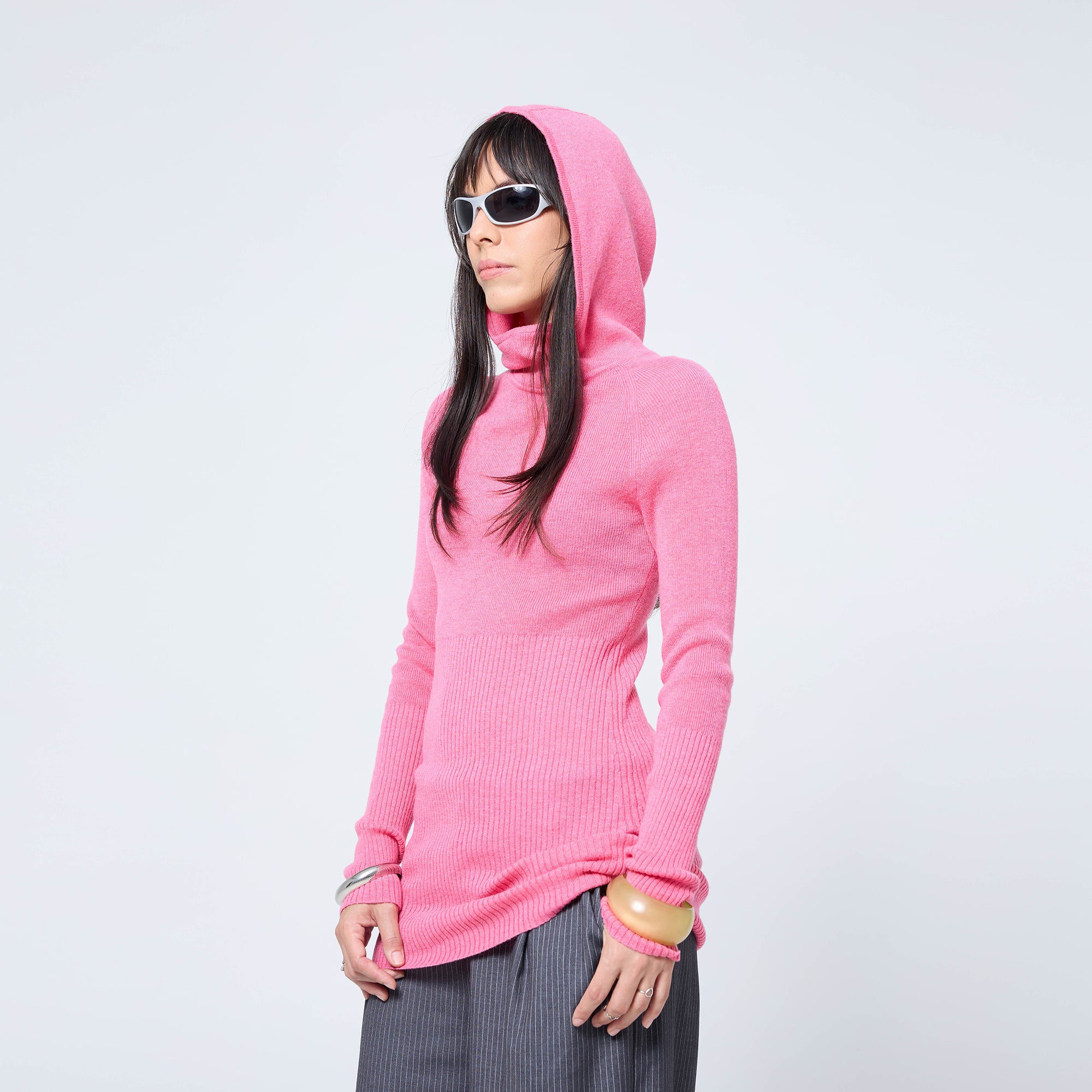 Arthur Apparel bright pink knitted long sleeve skivvy with built-in hood
