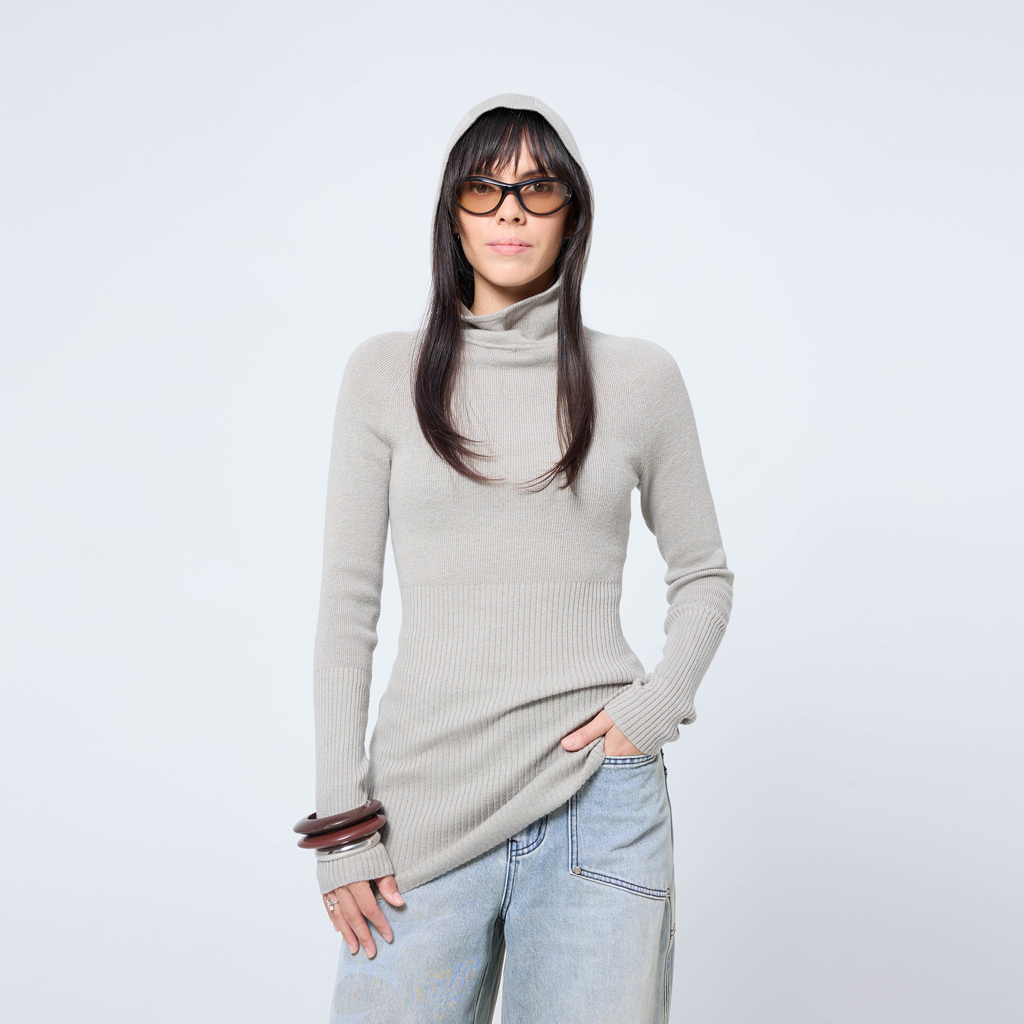 Arthur Apparel grey knitted long sleeve skivvy with built-in hood