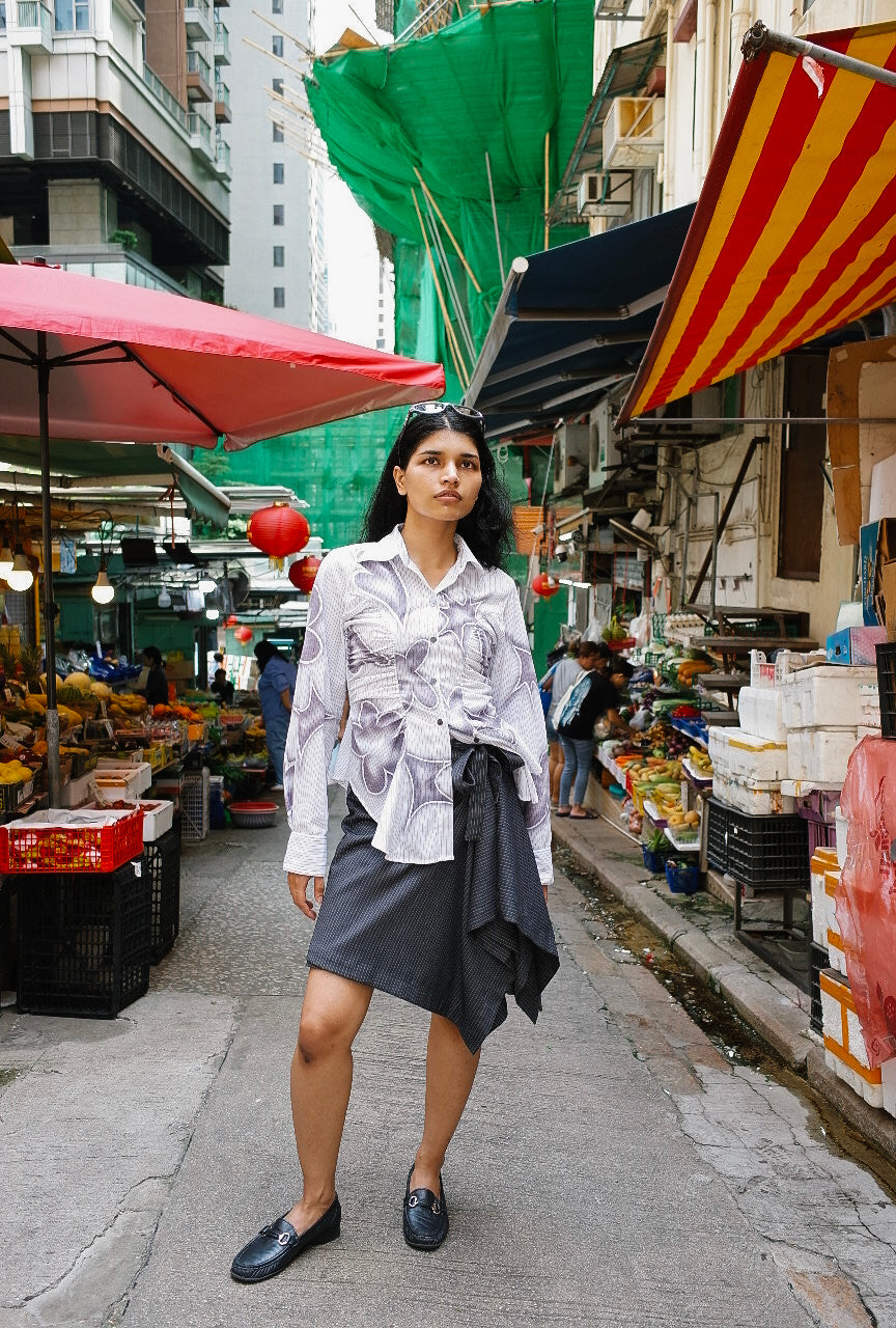 Origami Skirt in Grey Pinstripe