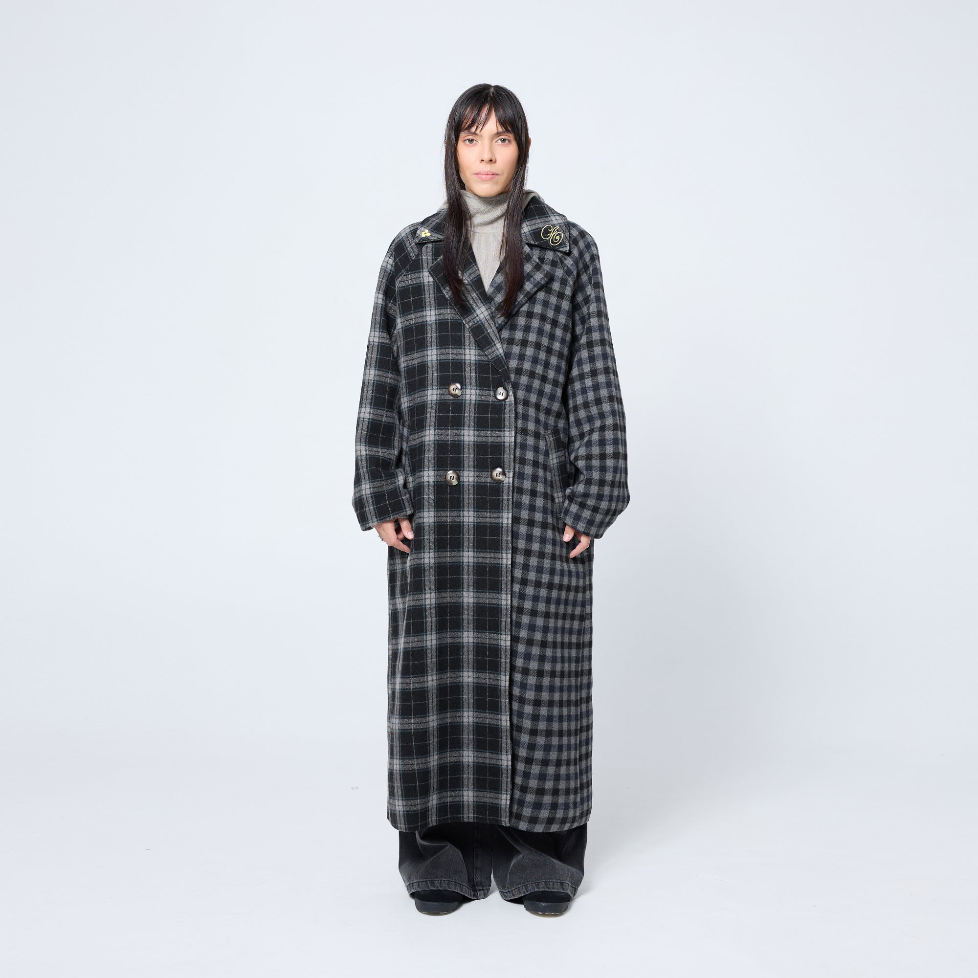 Arthur Apparel oversized double breasted coat in black and grey tones with embroidered collar