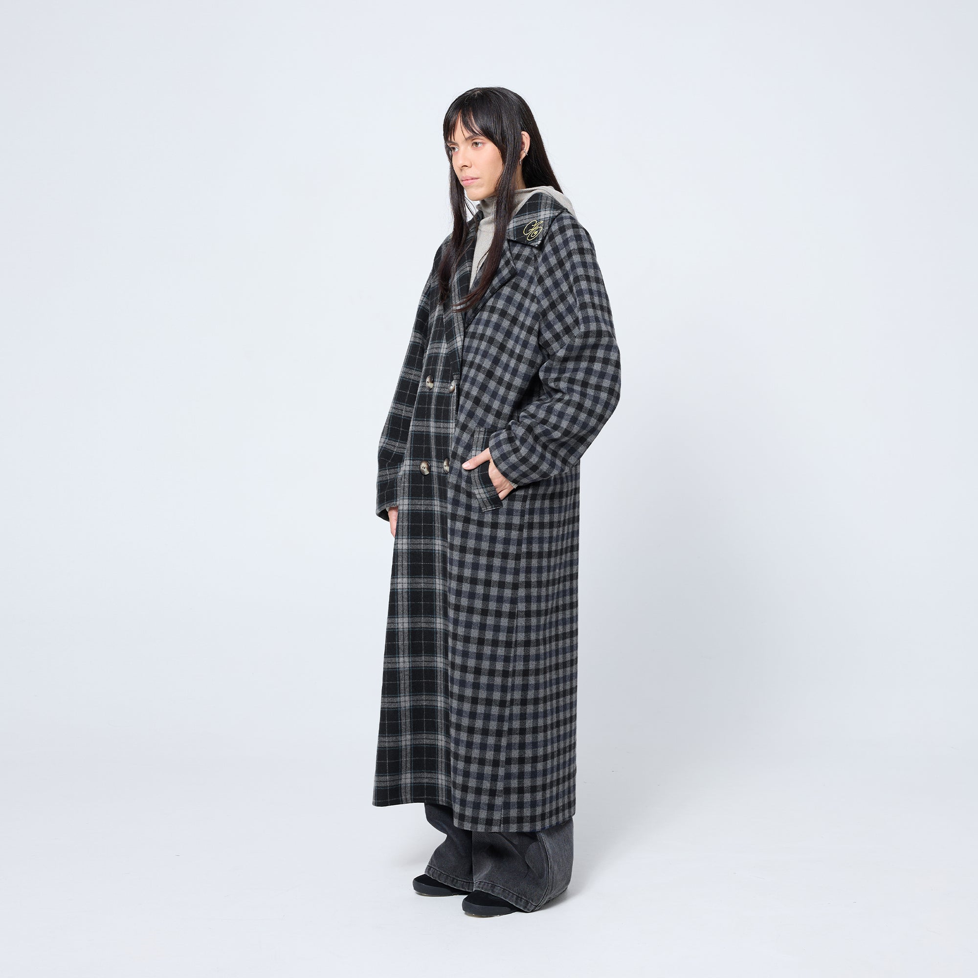 Arthur Apparel oversized double breasted coat in black and grey tones with embroidered collar