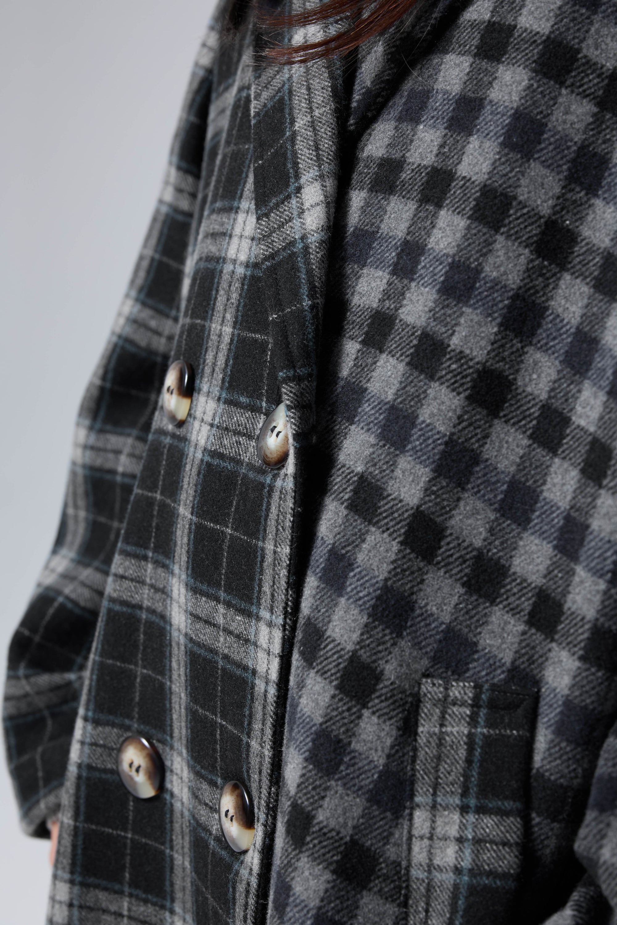 Arthur Apparel oversized double breasted coat in black and grey tones with embroidered collar