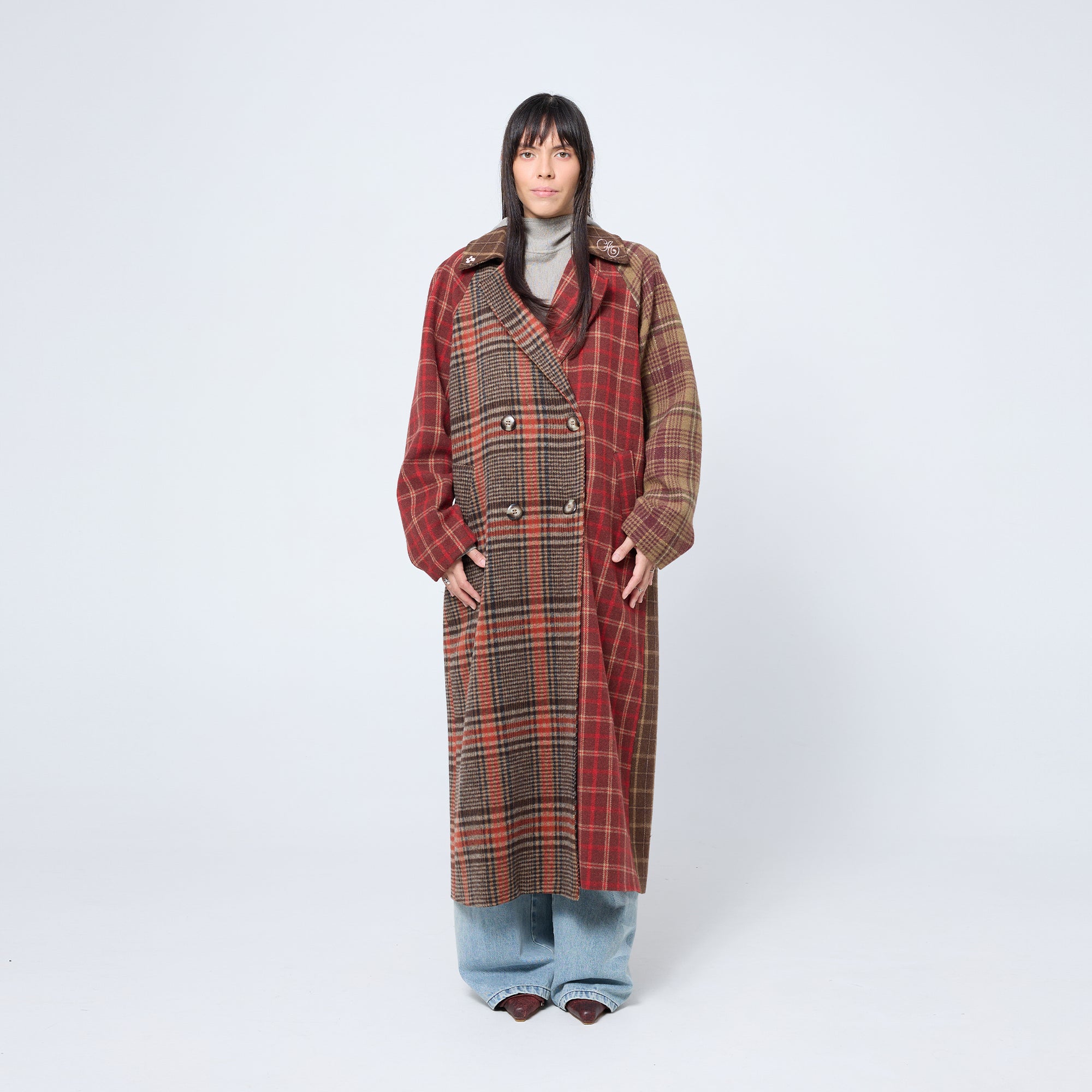 Arthur Apparel oversized double breasted coat in red tones with pink embroidered collar