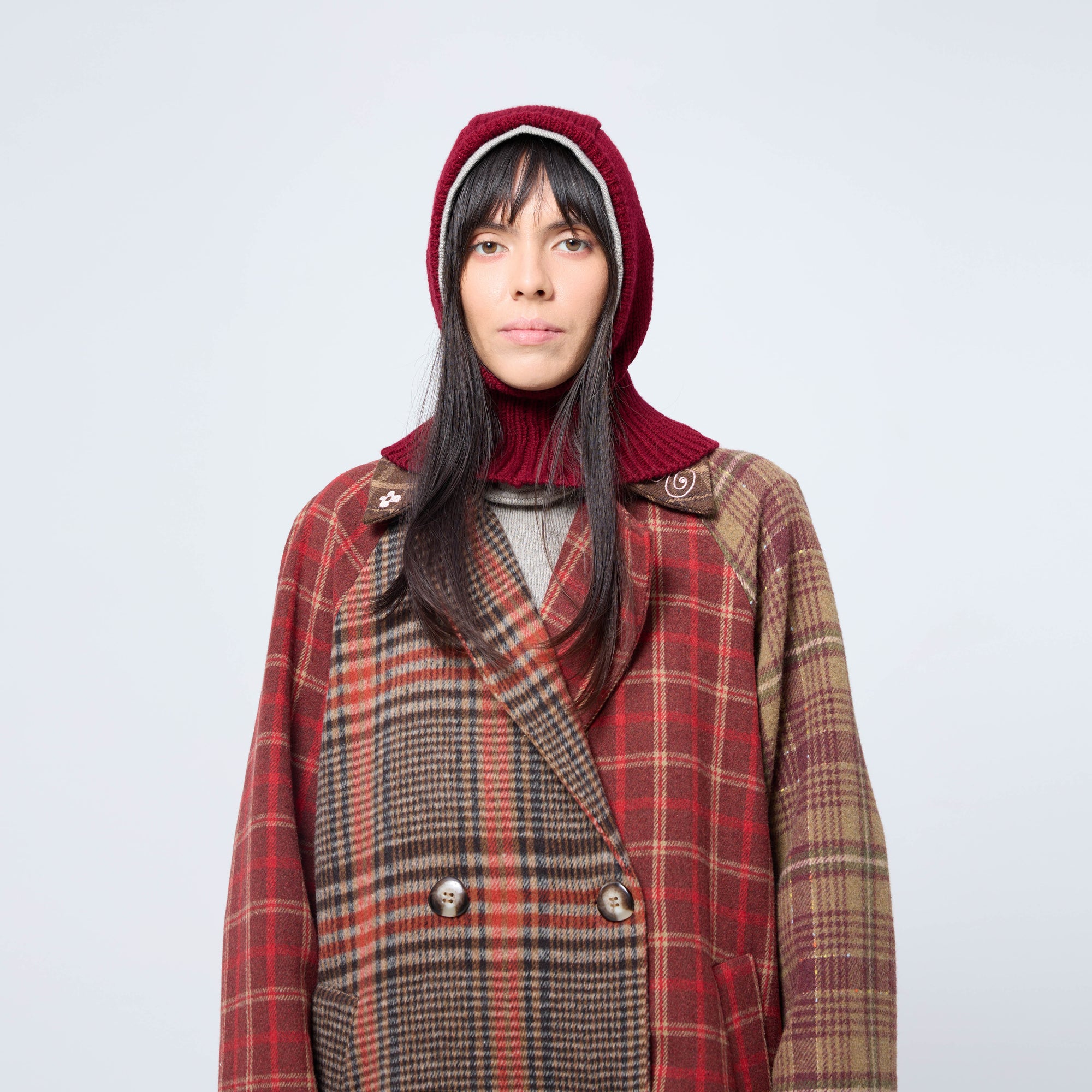 Arthur Apparel oversized double breasted coat in red tones with pink embroidered collar