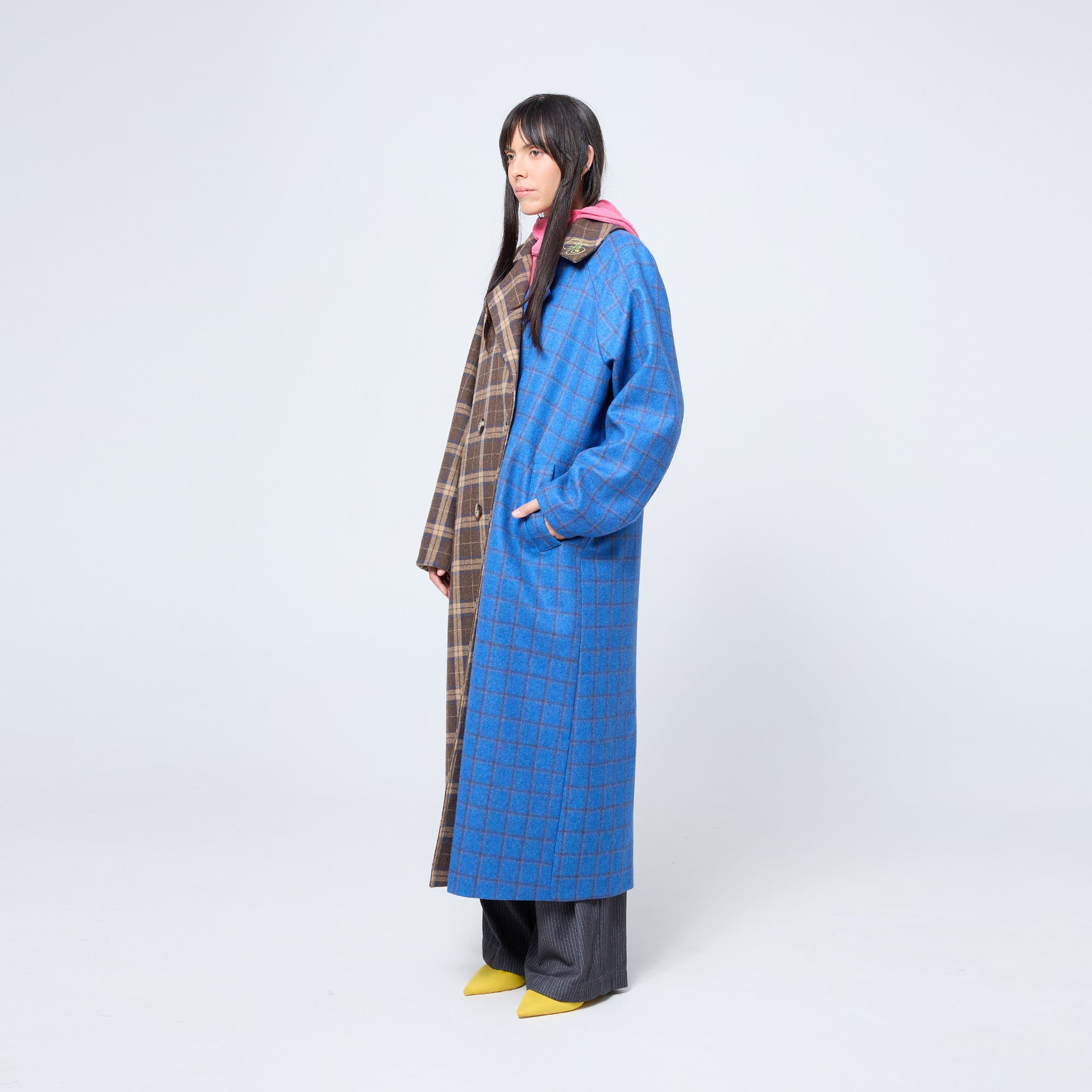 Arthur Apparel oversized double breasted coat in blue and brown plaid wool blend fabric