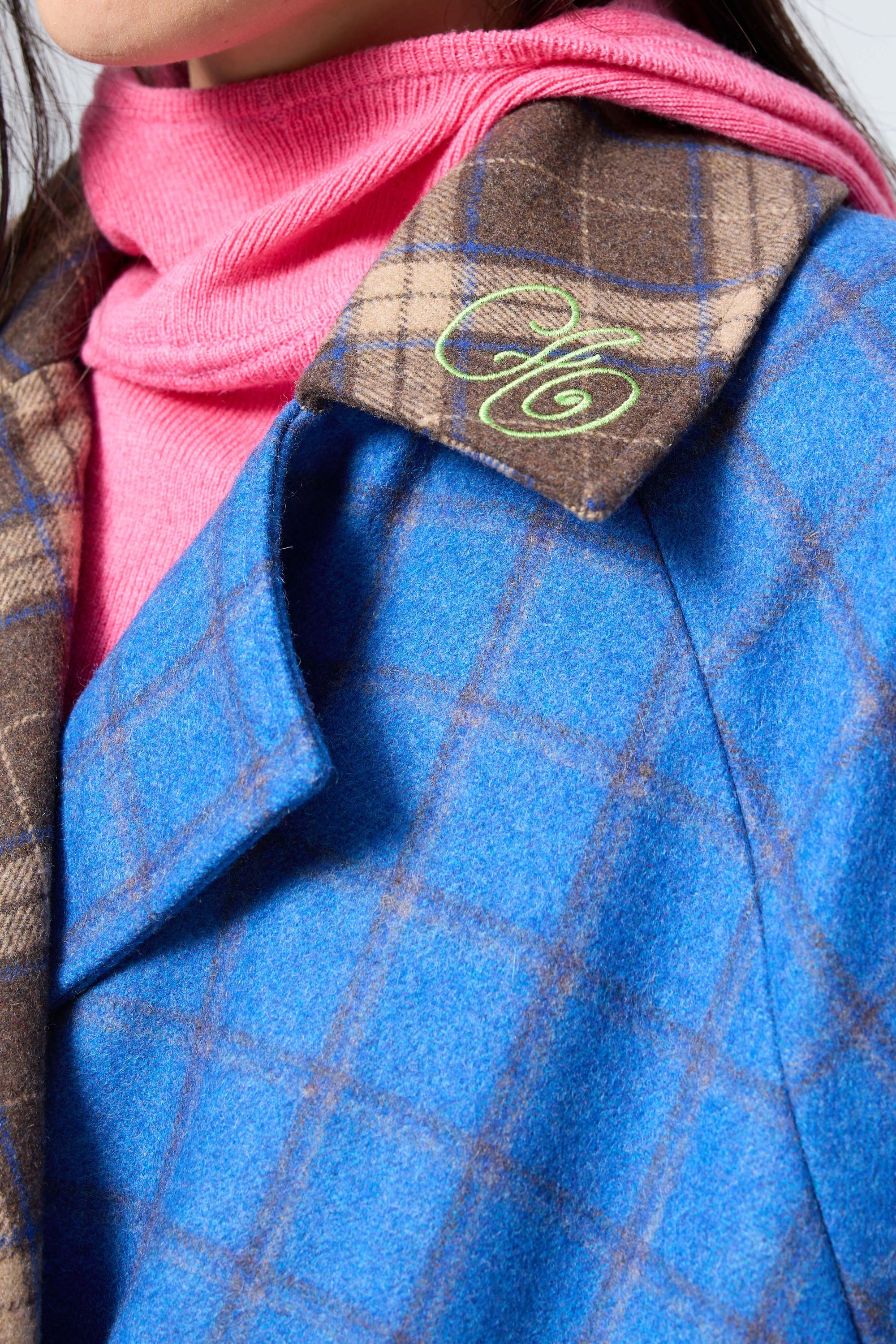 Arthur Apparel oversized double breasted coat in blue and brown plaid wool blend fabric