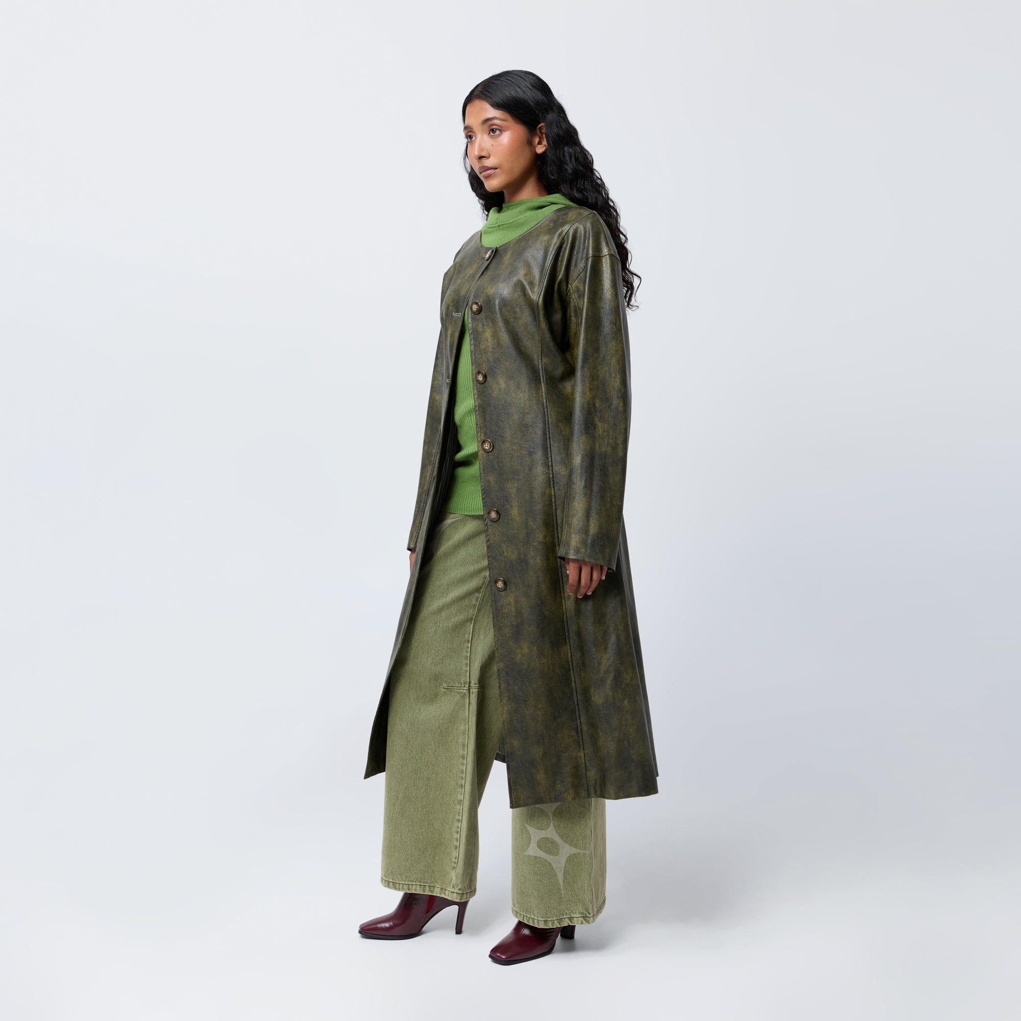 Arthur Apparel olive faux leather button-front trench coat with panelled waist shaping