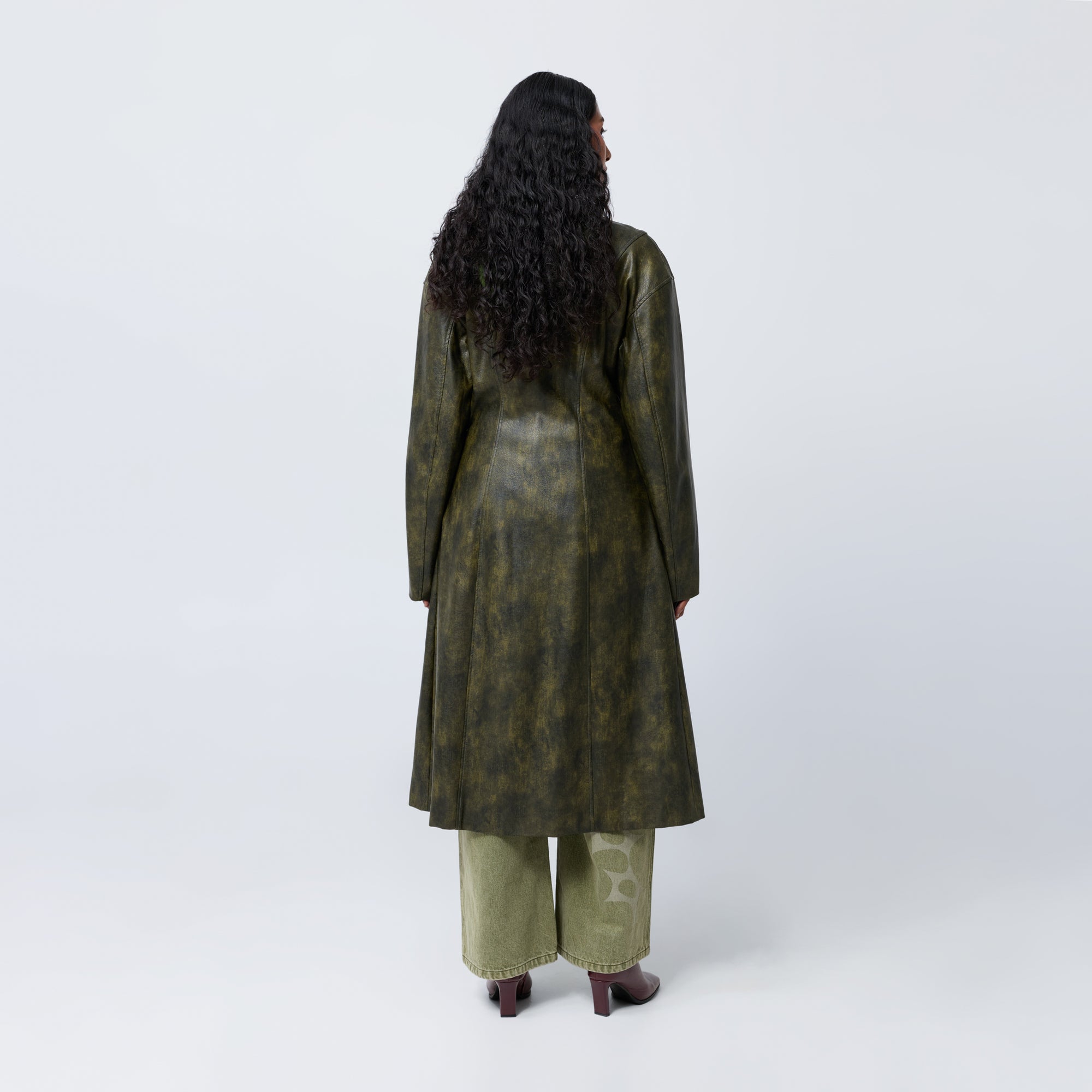 Arthur Apparel olive faux leather button-front trench coat with panelled waist shaping