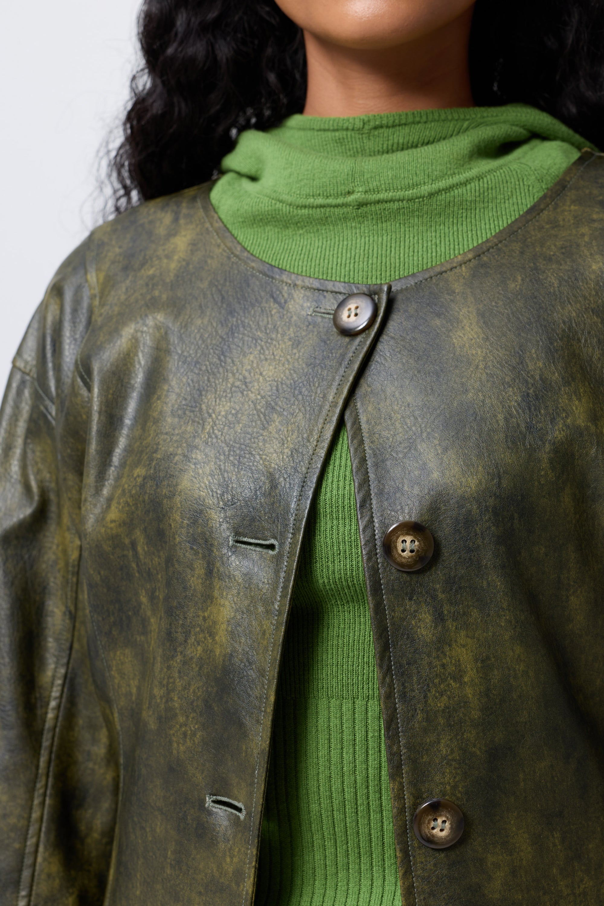 Arthur Apparel olive faux leather button-front trench coat with panelled waist shaping