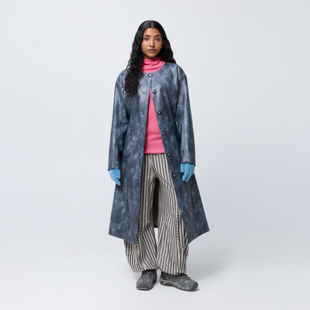 Arthur Apparel smoke blue faux leather button-front trench coat with panelled waist shaping