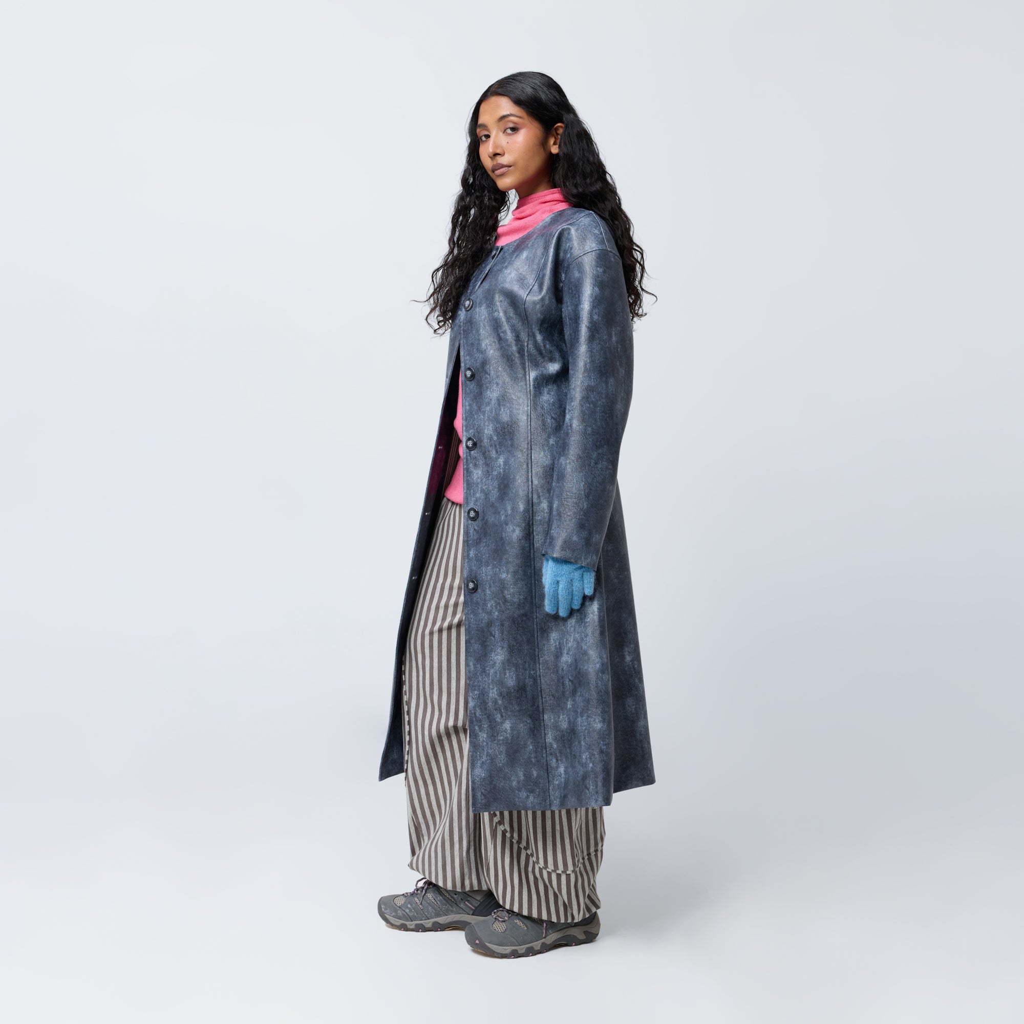 Arthur Apparel smoke blue faux leather button-front trench coat with panelled waist shaping
