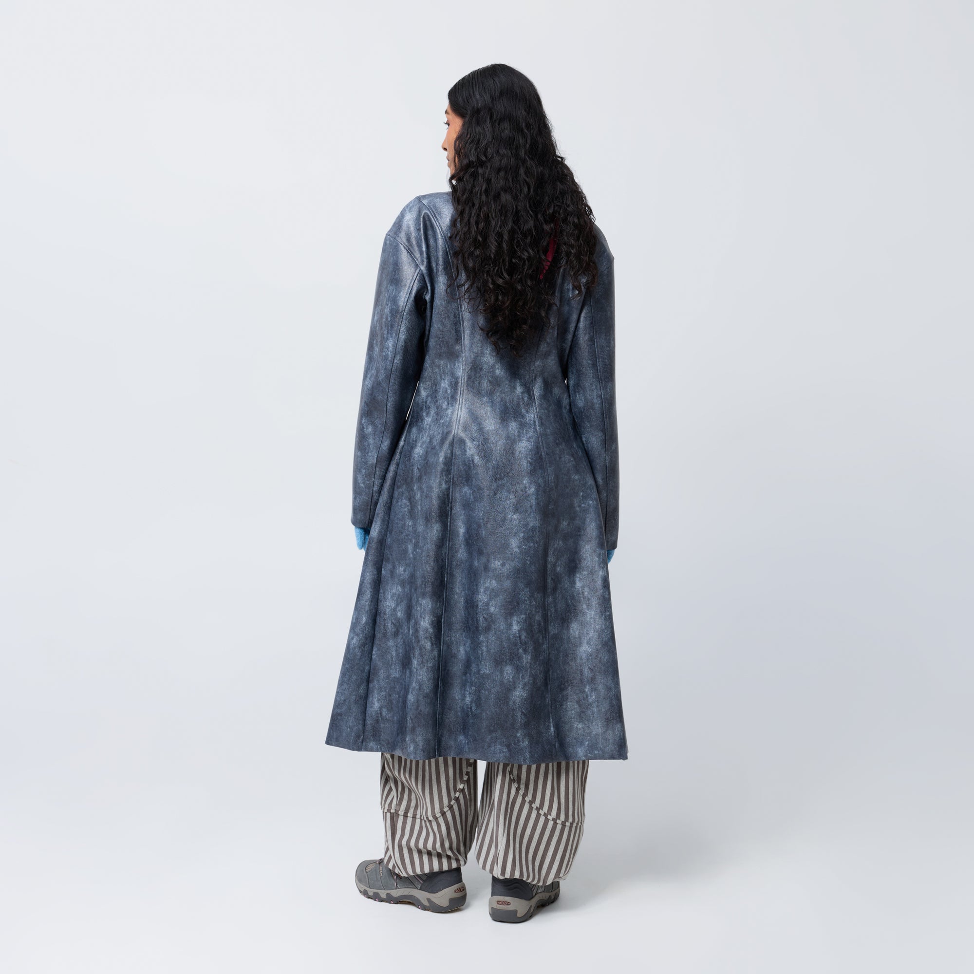 Arthur Apparel smoke blue faux leather button-front trench coat with panelled waist shaping