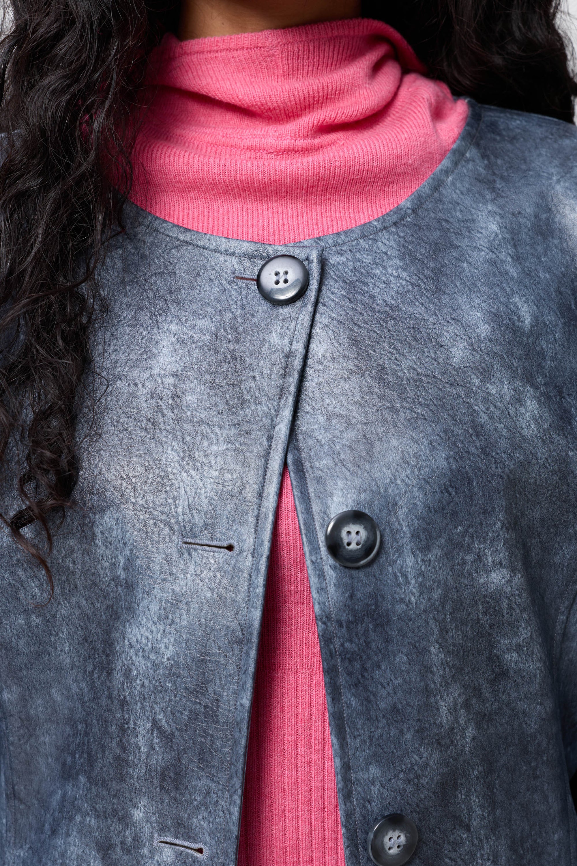 Arthur Apparel smoke blue faux leather button-front trench coat with panelled waist shaping