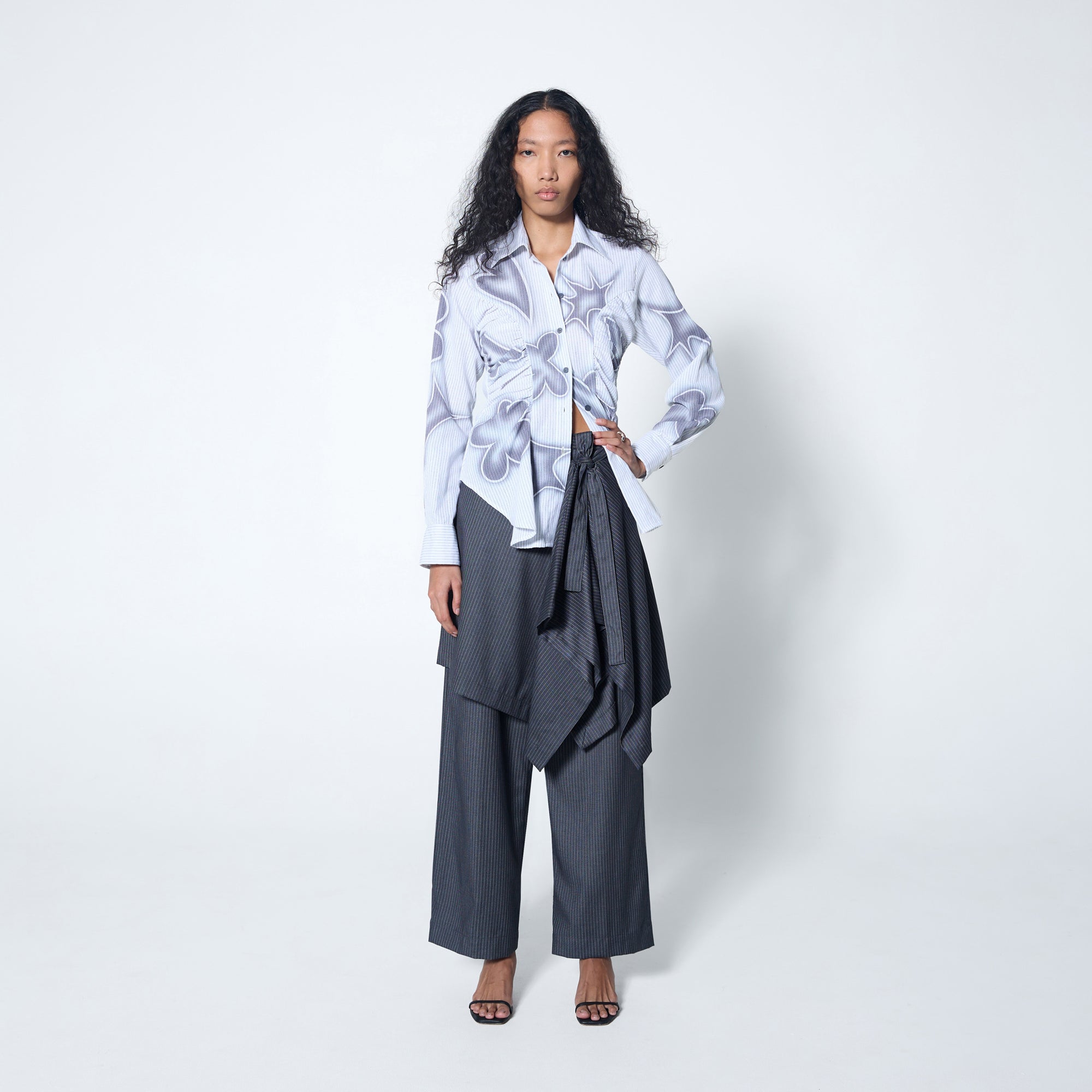 Arthur Apparel wrap skirt in grey pinstripe suiting