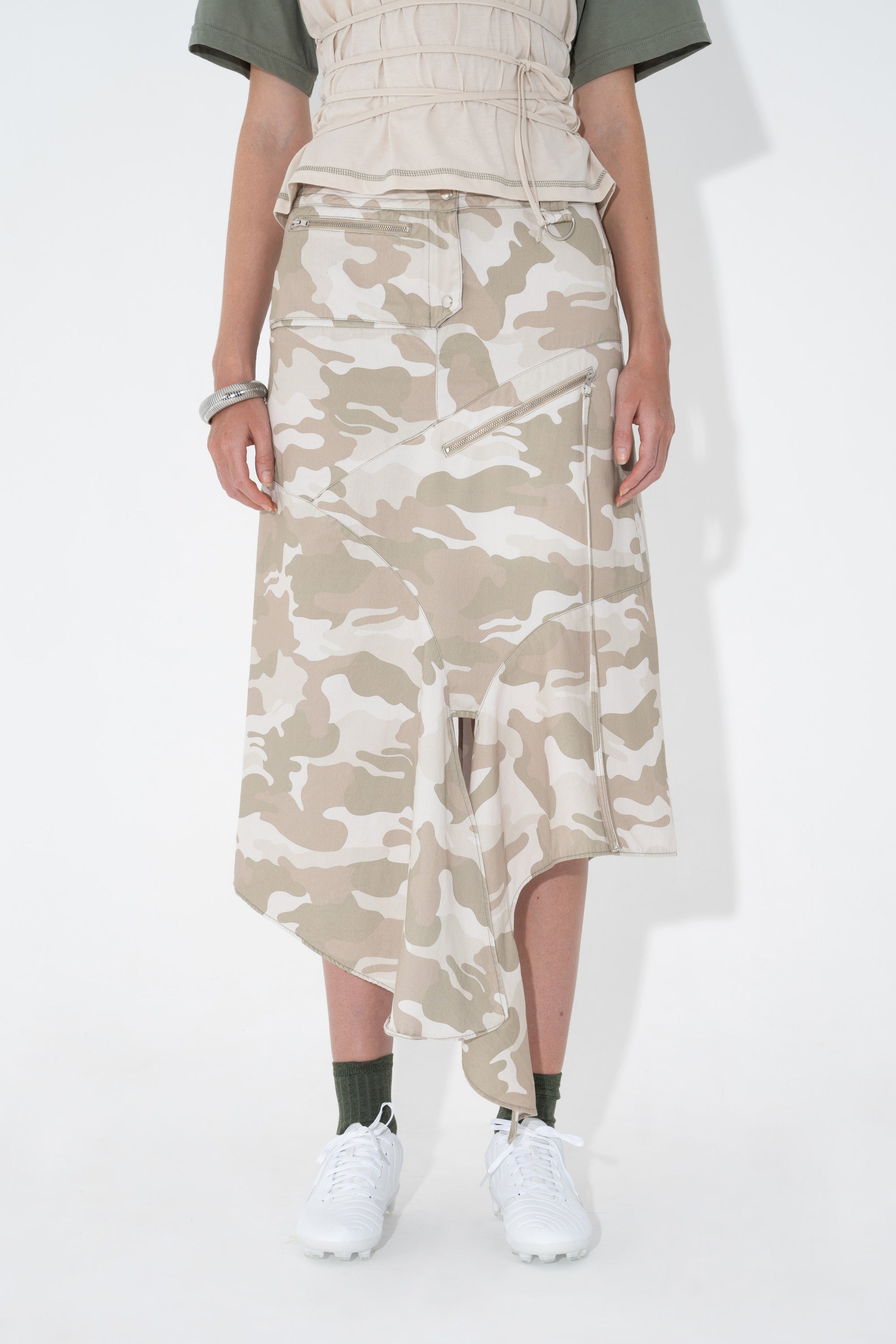 Arthur Apparel Camo Drape Midi Skirt in cotton twill