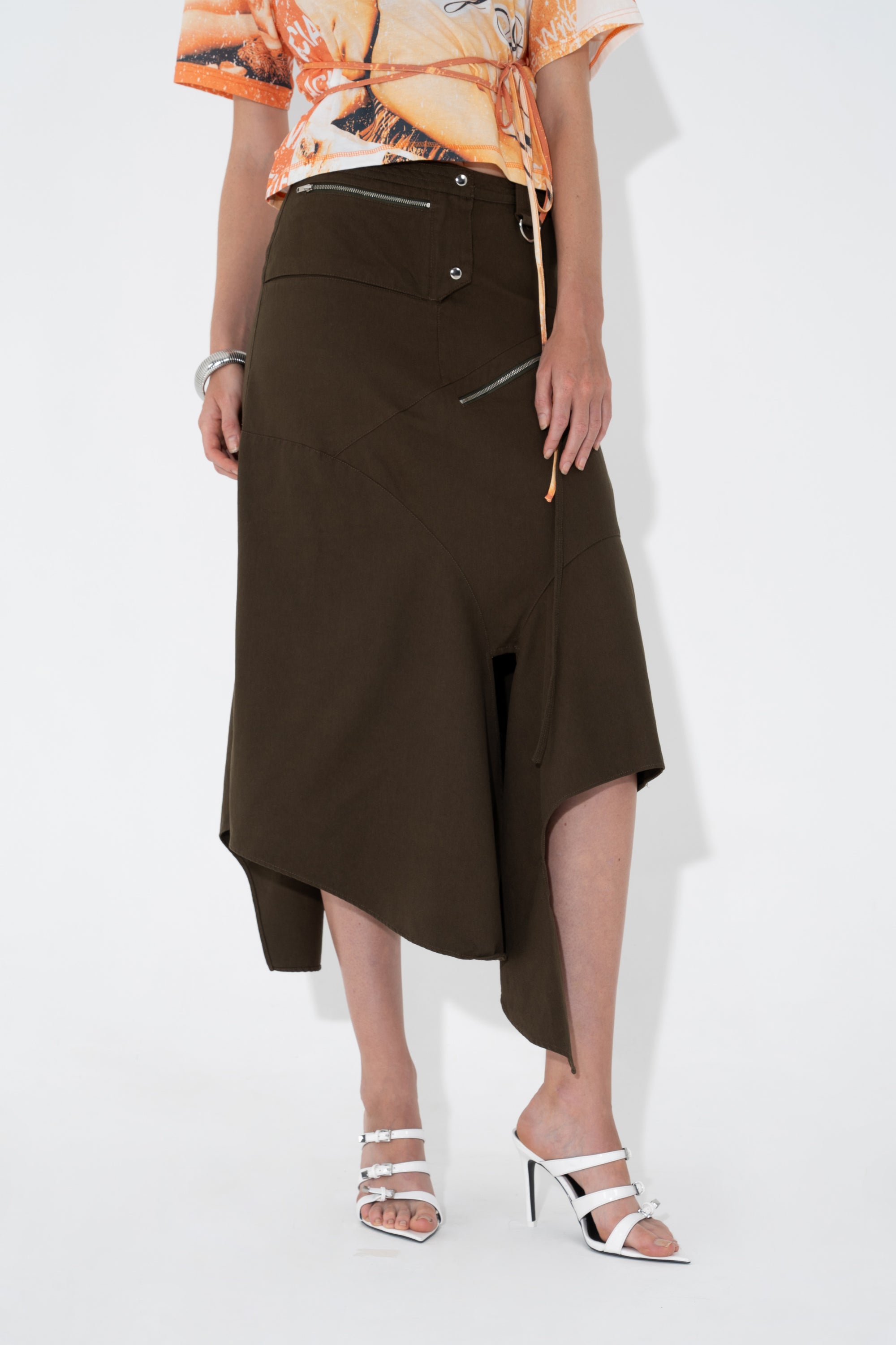 Arthur Apparel Olive Drape Midi Skirt in cotton twill