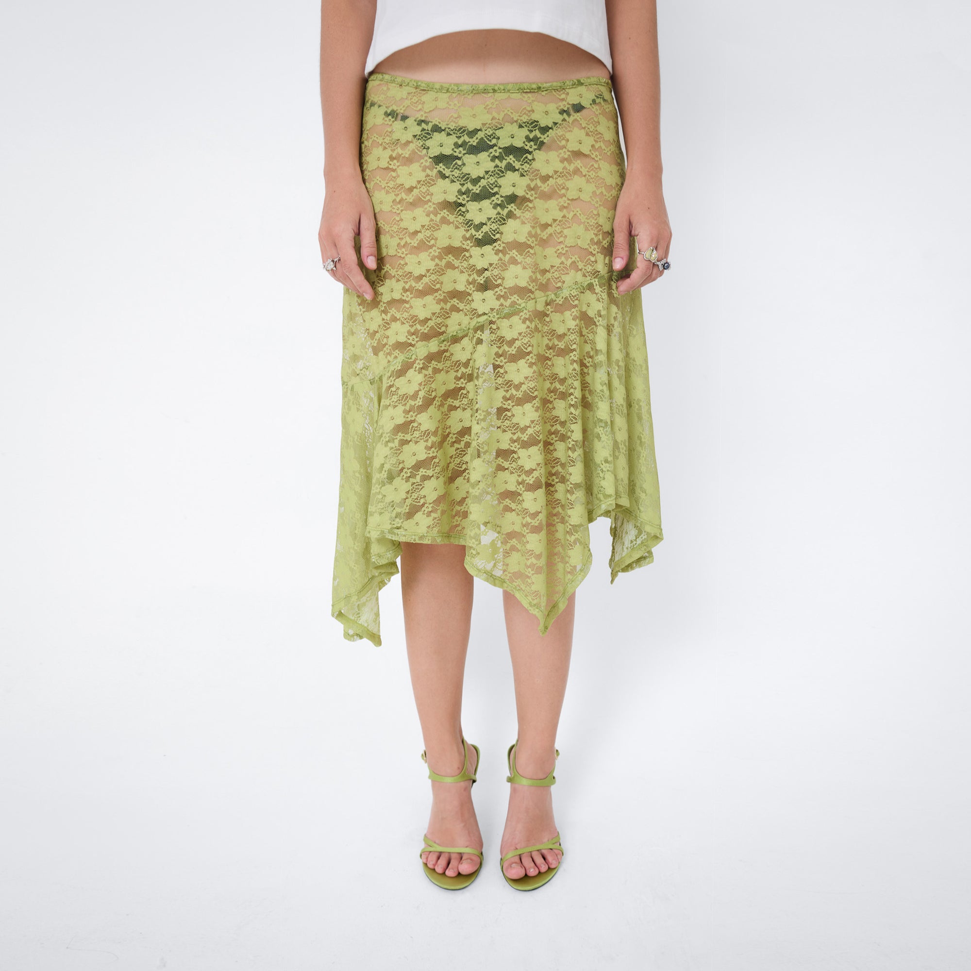 Arthur Apparel mid-length see through lace skirt in green