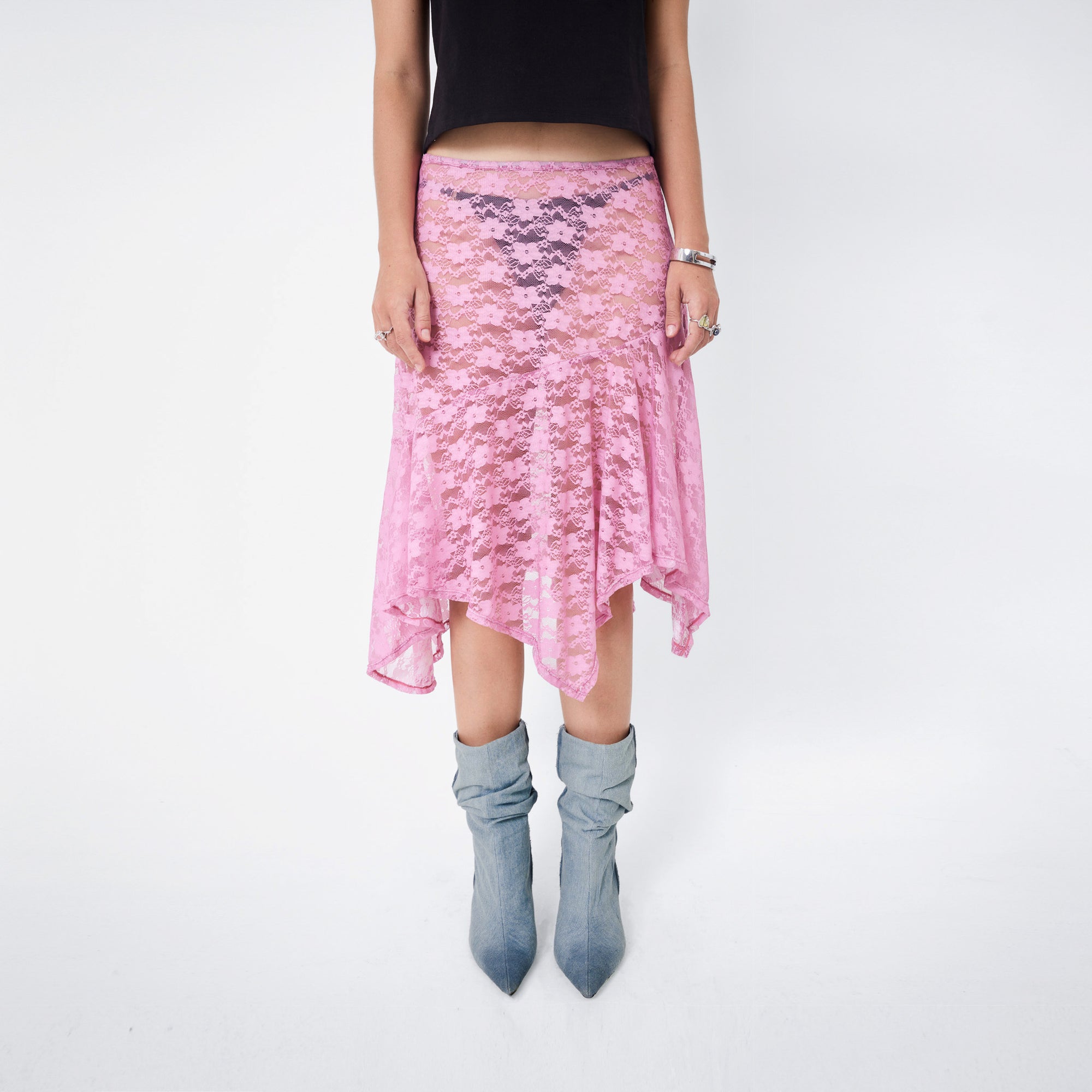 Arthur Apparel mid-length see through lace skirt in green