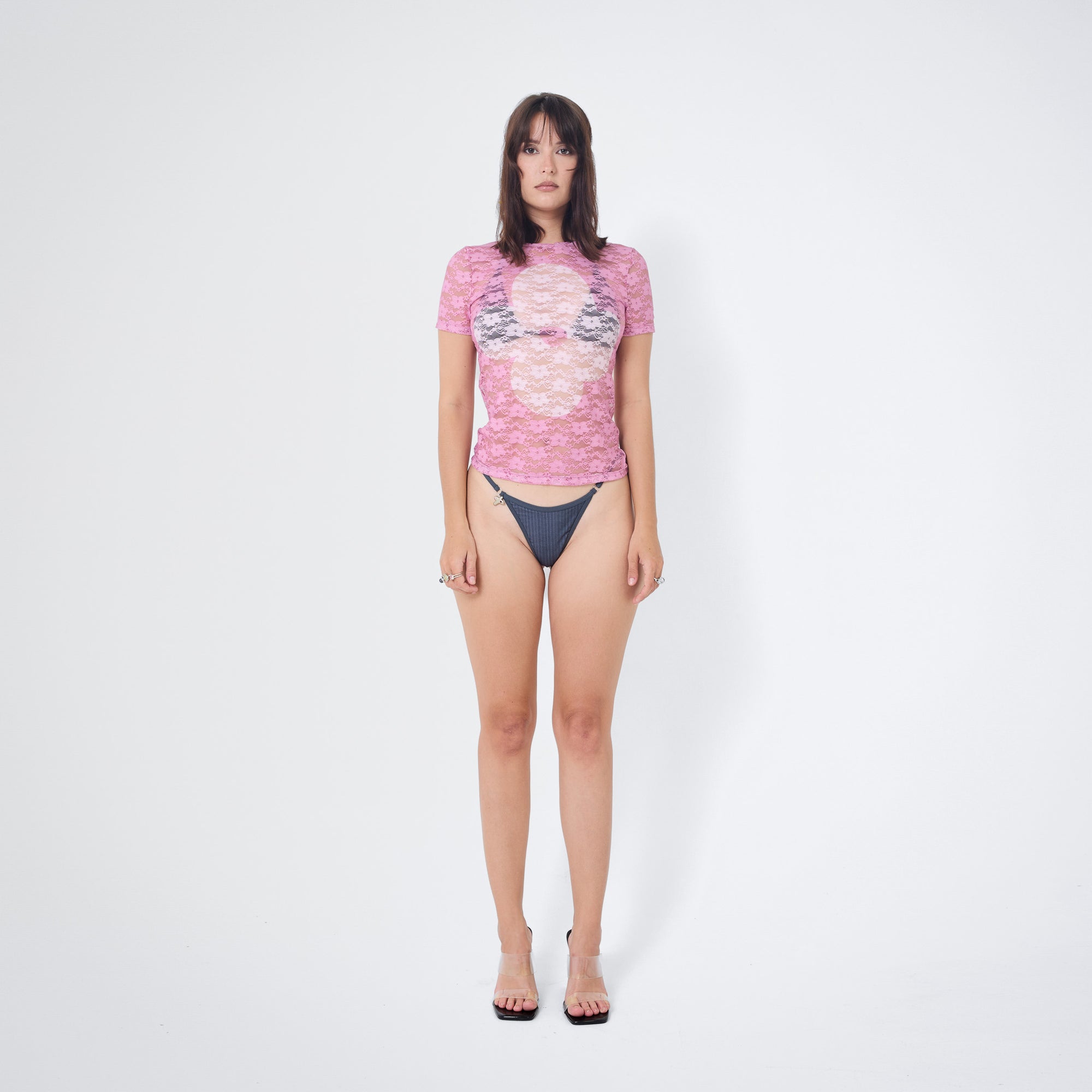 Arthur Apparel see through lace tee in pink with flower print