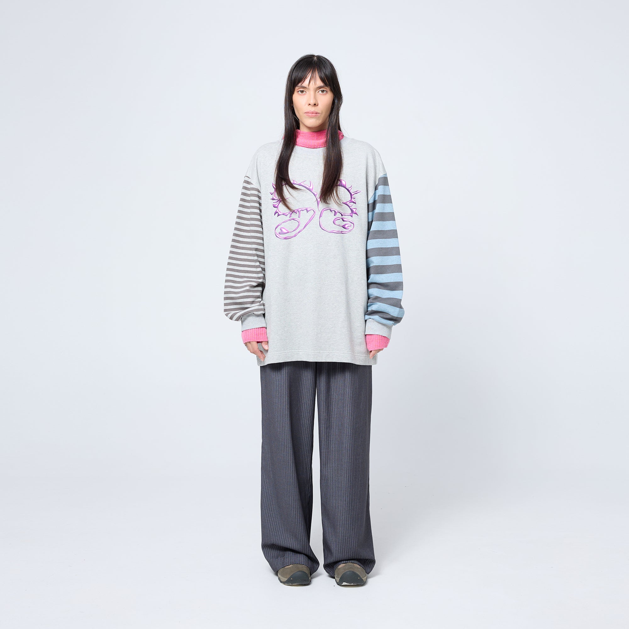 Arthur Apparel long sleeve tshirt in grey-tone baby terry with graphic pink heart print