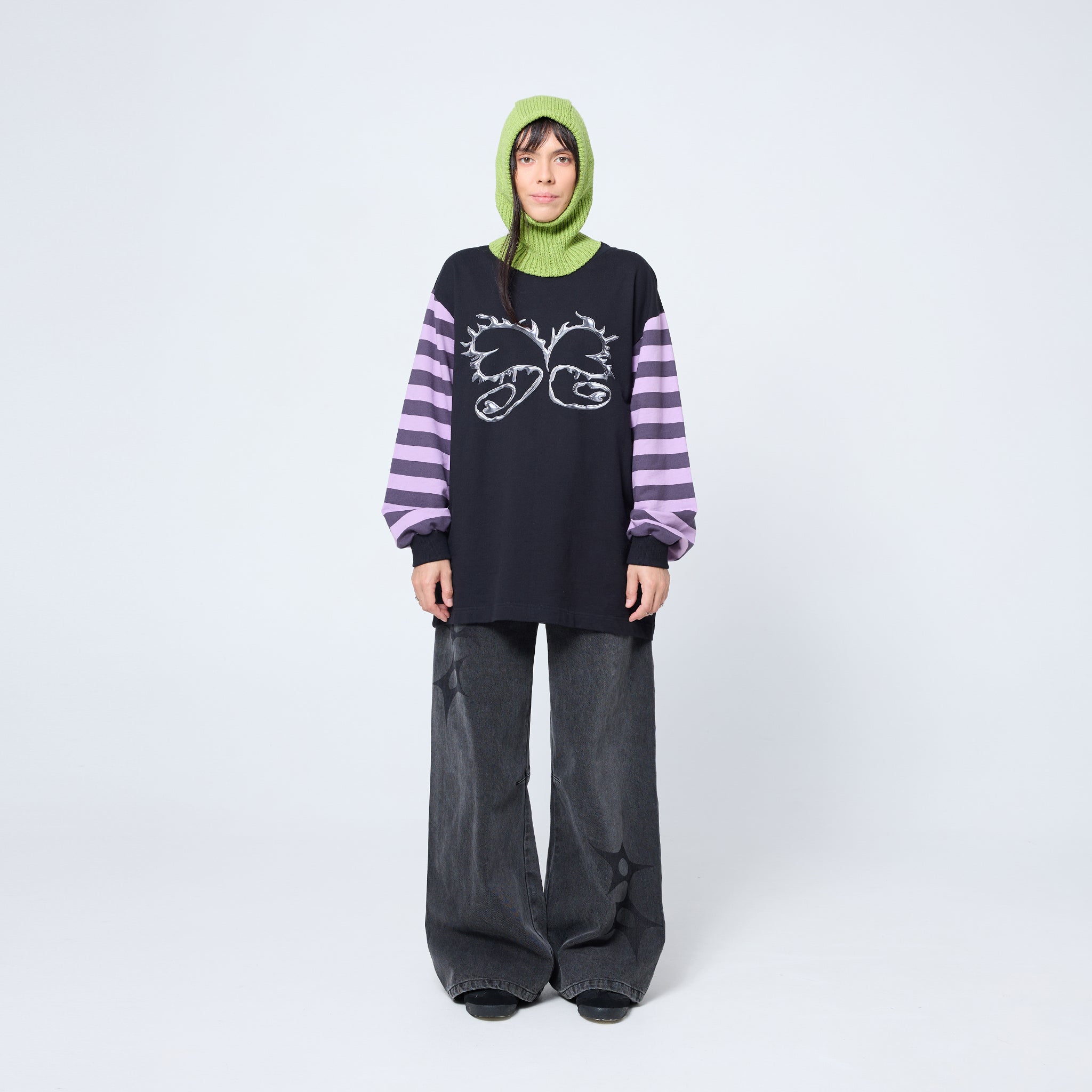Arthur Apparel black long sleeve tshirt  with graphic silver heart print